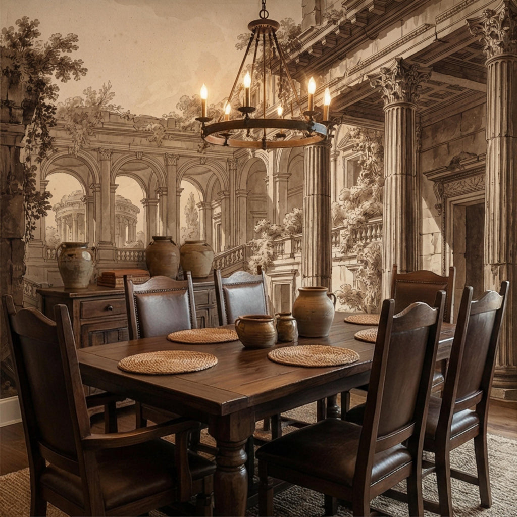 Vintage Roman Ruins Peel and Stick Wall Mural, Classical Architecture Columns and Arches Landscape, Antique Sepia Engraving Wallpaper