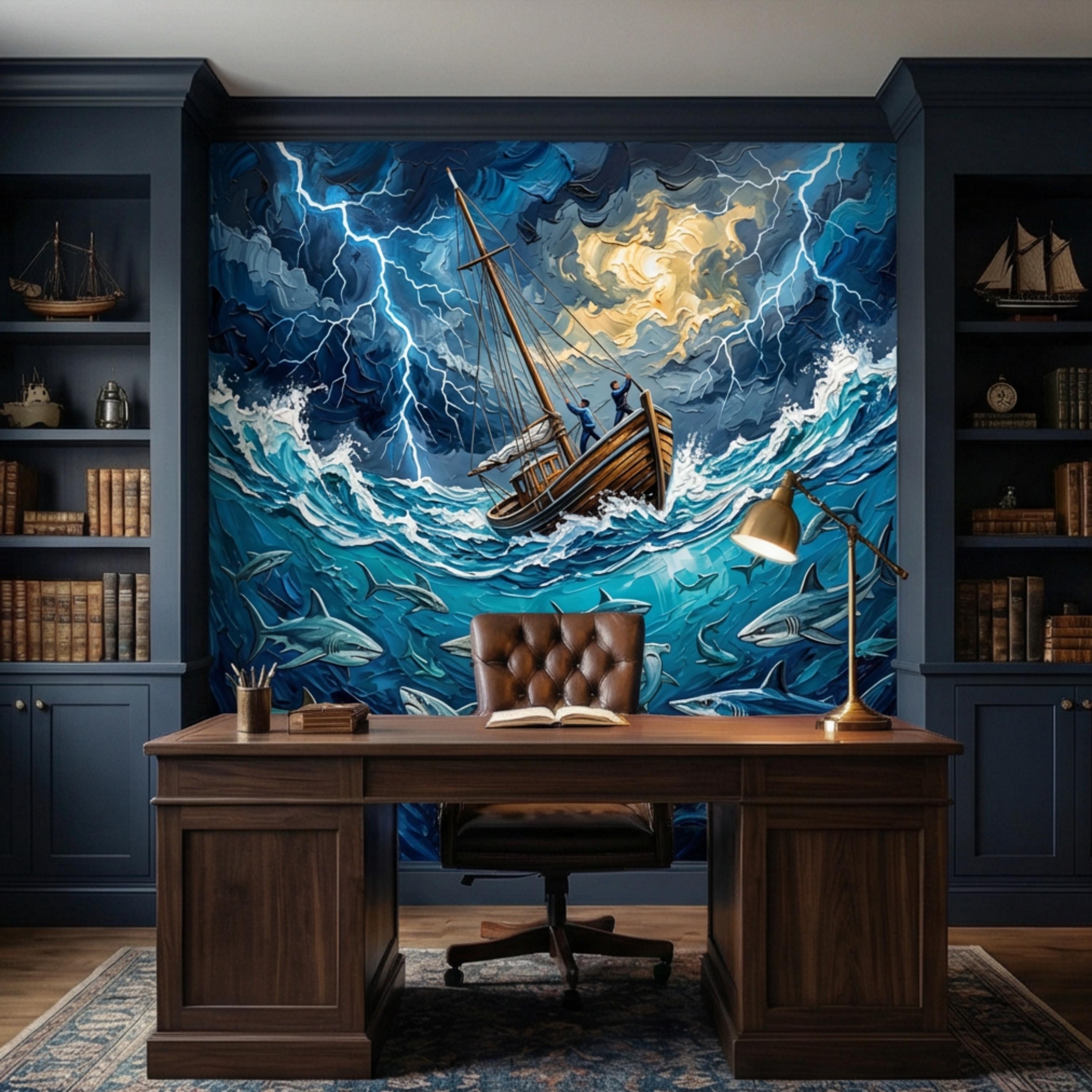 Stormy Sea Shark Oil Painting Peel and Stick Wall Mural, Dramatic Lightning Ocean Boat Art Wallpaper, Nautical Adventure Coastal Wall Decor