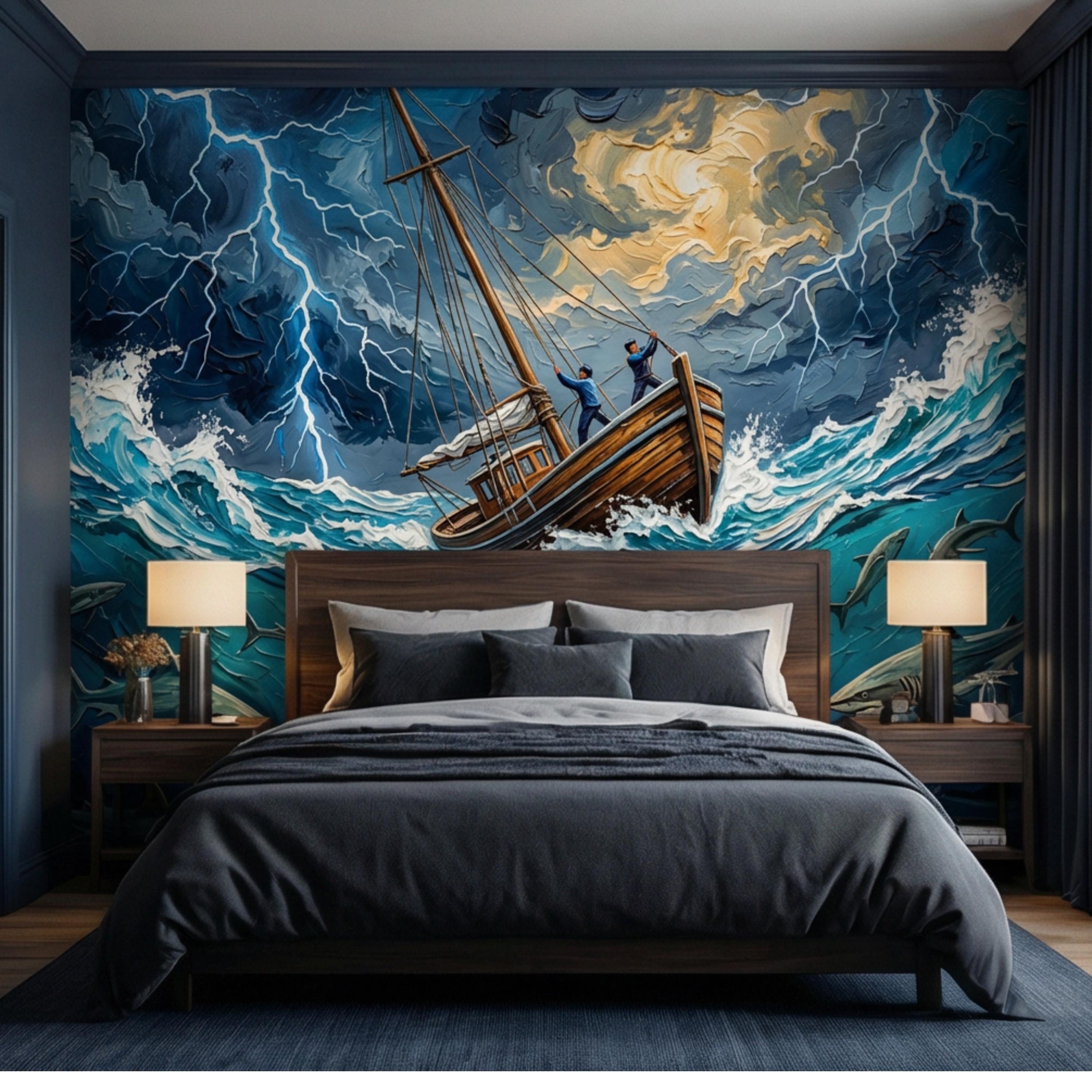 Stormy Sea Shark Oil Painting Peel and Stick Wall Mural, Dramatic Lightning Ocean Boat Art Wallpaper, Nautical Adventure Coastal Wall Decor