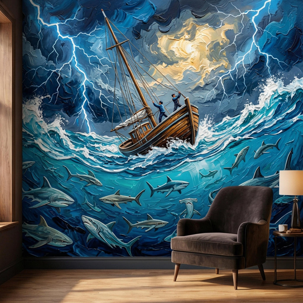 Stormy Sea Shark Oil Painting Peel and Stick Wall Mural, Dramatic Lightning Ocean Boat Art Wallpaper, Nautical Adventure Coastal Wall Decor