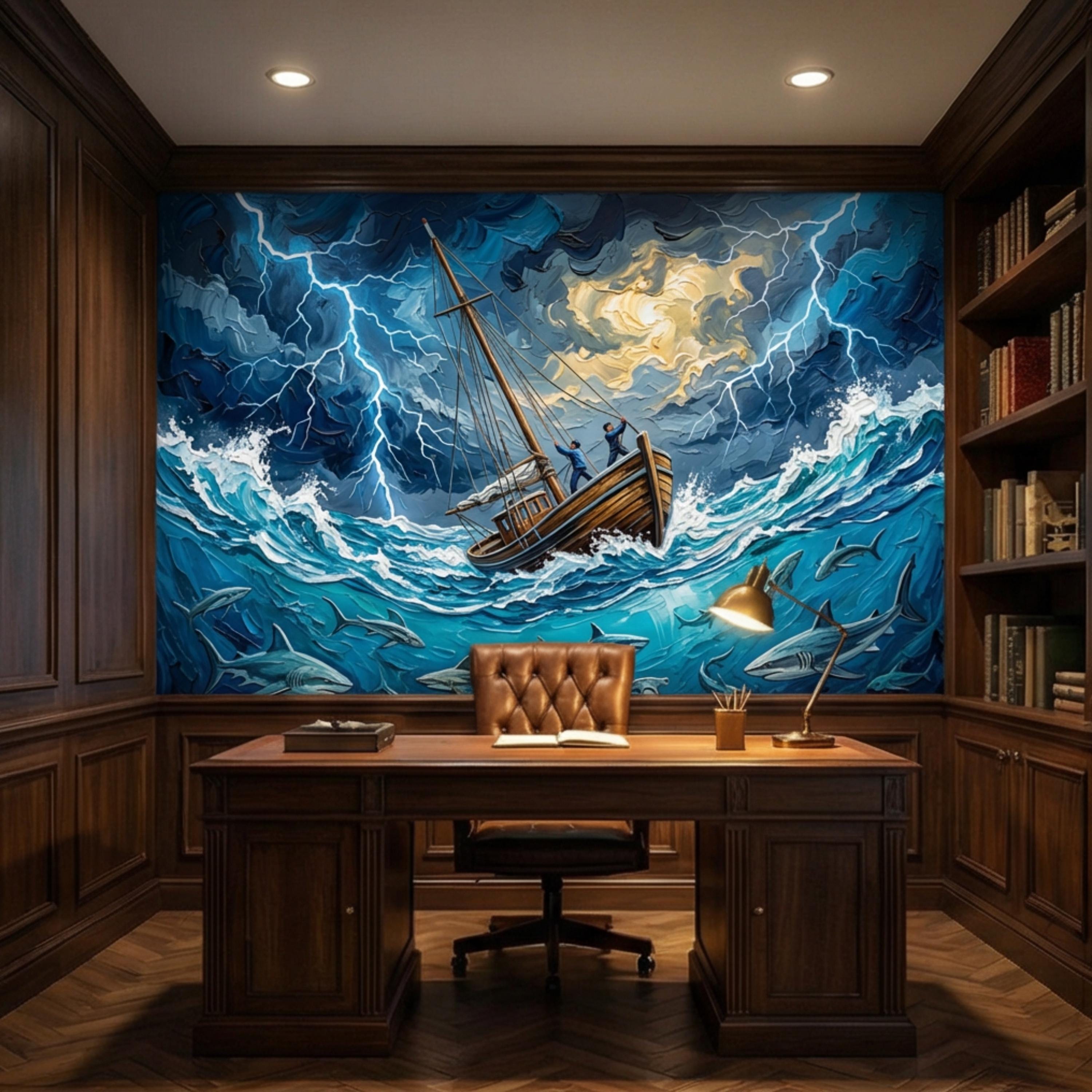 Stormy Sea Shark Oil Painting Peel and Stick Wall Mural, Dramatic Lightning Ocean Boat Art Wallpaper, Nautical Adventure Coastal Wall Decor