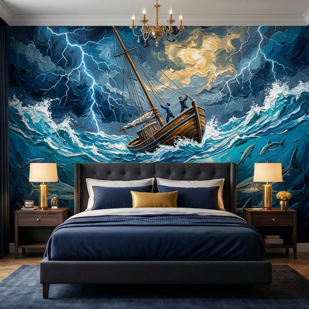 Stormy Sea Shark Oil Painting Peel and Stick Wall Mural, Dramatic Lightning Ocean Boat Art Wallpaper, Nautical Adventure Coastal Wall Decor