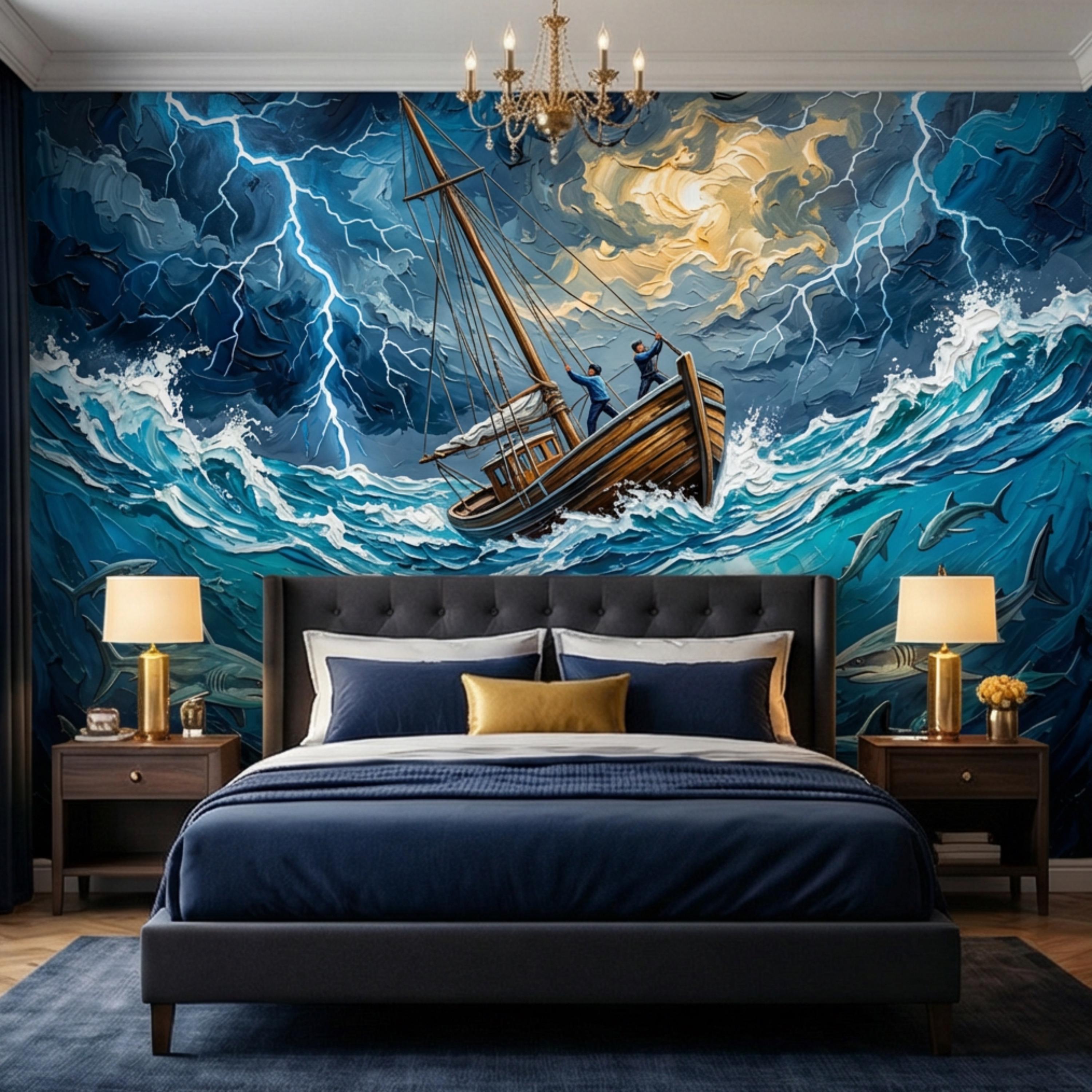 Stormy Sea Shark Oil Painting Peel and Stick Wall Mural, Dramatic Lightning Ocean Boat Art Wallpaper, Nautical Adventure Coastal Wall Decor