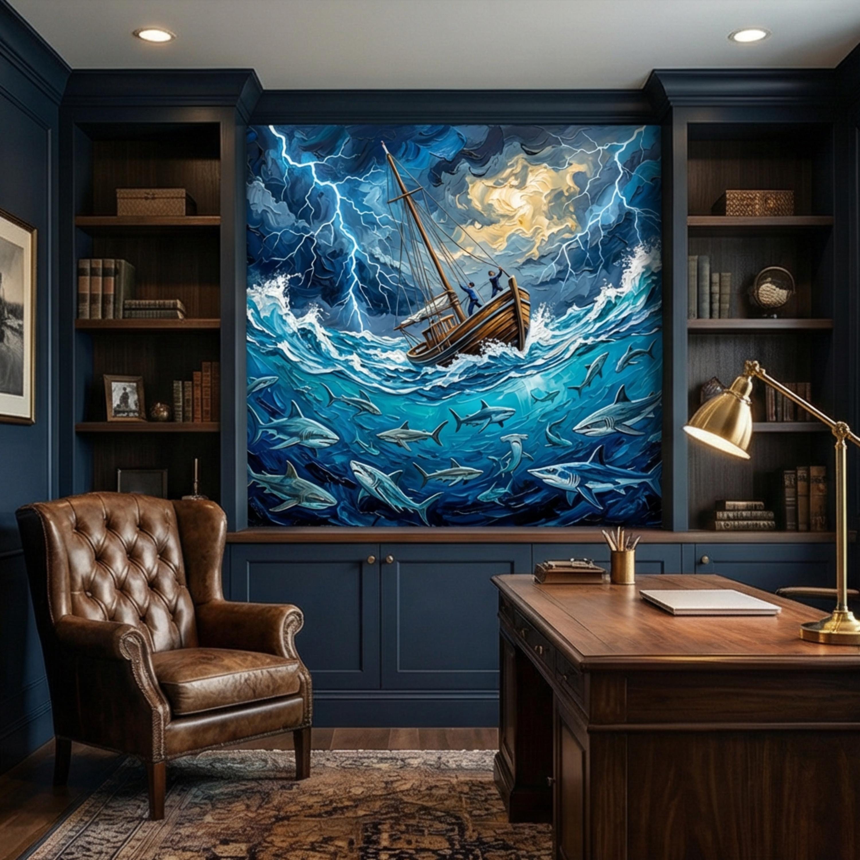 Stormy Sea Shark Oil Painting Peel and Stick Wall Mural, Dramatic Lightning Ocean Boat Art Wallpaper, Nautical Adventure Coastal Wall Decor