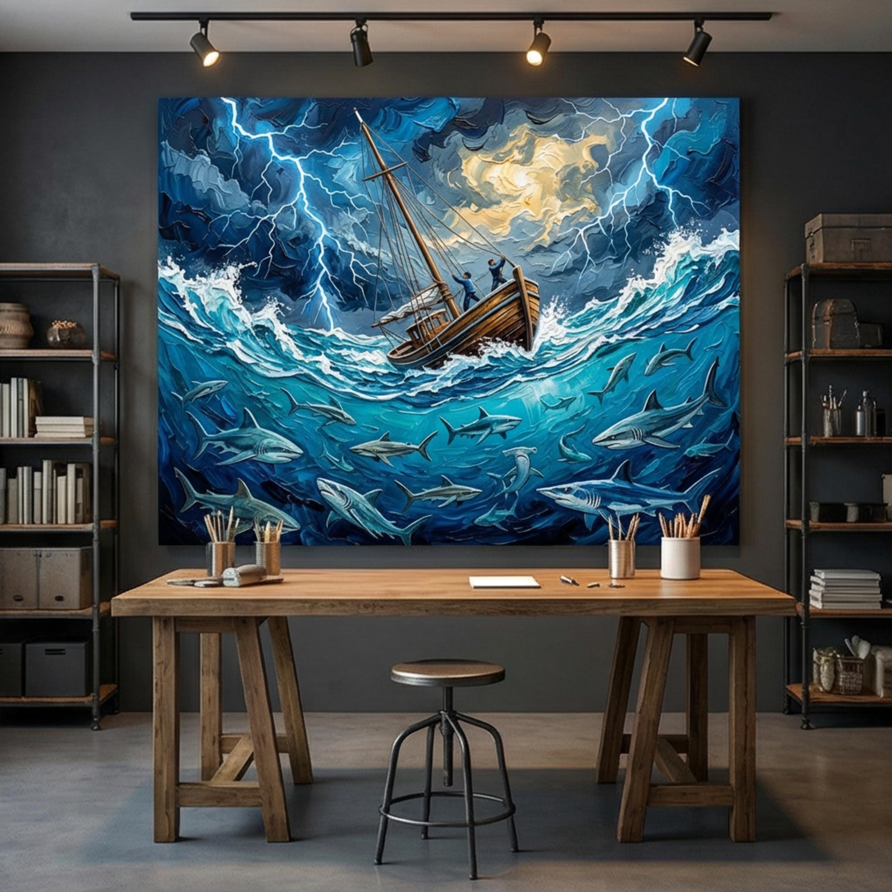 Stormy Sea Shark Oil Painting Peel and Stick Wall Mural, Dramatic Lightning Ocean Boat Art Wallpaper, Nautical Adventure Coastal Wall Decor