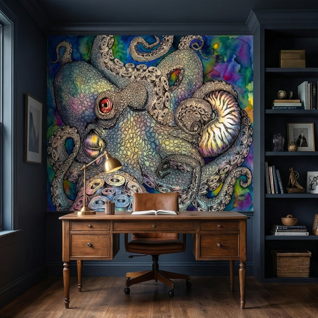 Majestic Octopus Peel and Stick Wall Mural, Colorful Abstract Marine Art Wallpaper, Bold Nautical Ocean Statement Wall Decor
