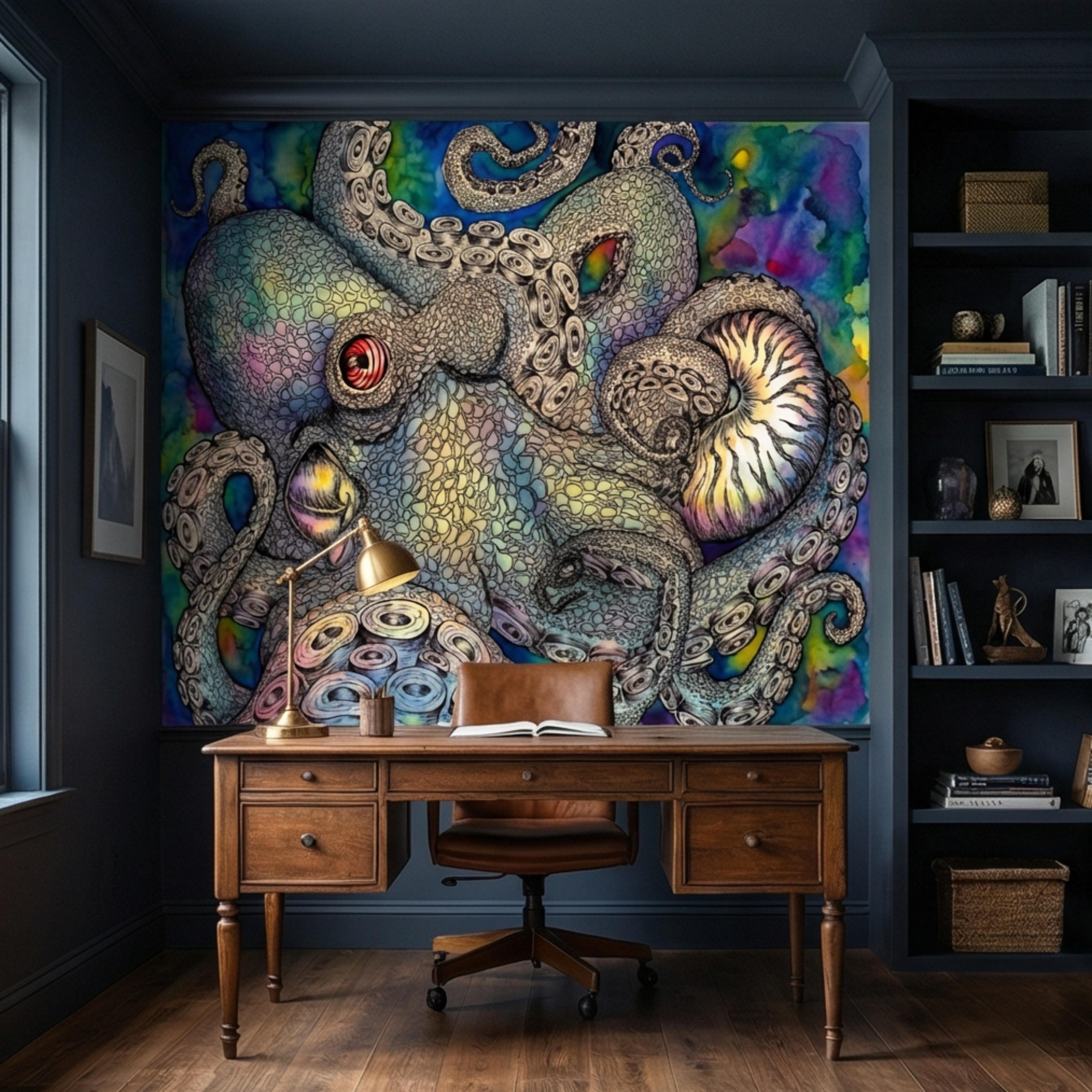 Majestic Octopus Peel and Stick Wall Mural, Colorful Abstract Marine Art Wallpaper, Bold Nautical Ocean Statement Wall Decor