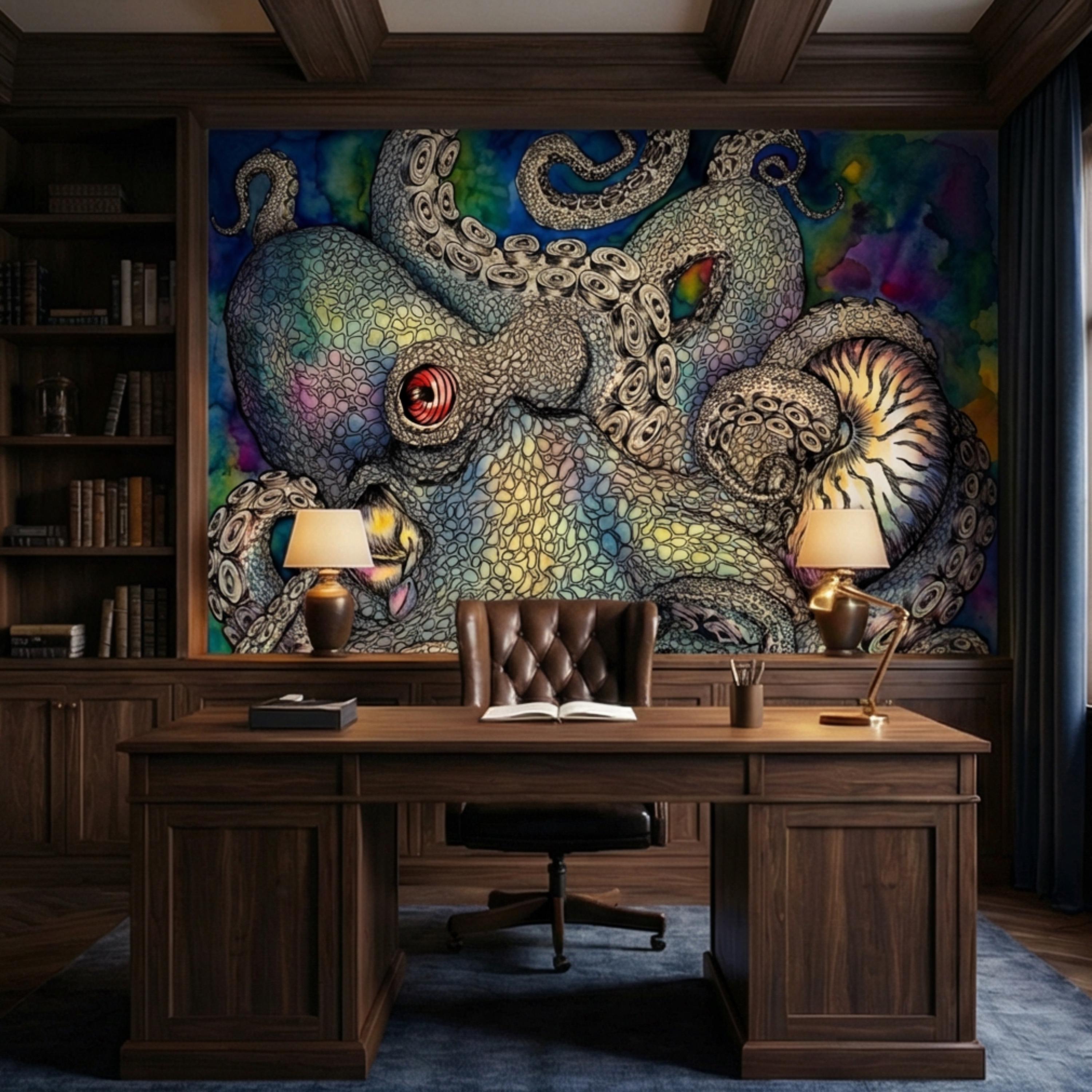 Majestic Octopus Peel and Stick Wall Mural, Colorful Abstract Marine Art Wallpaper, Bold Nautical Ocean Statement Wall Decor