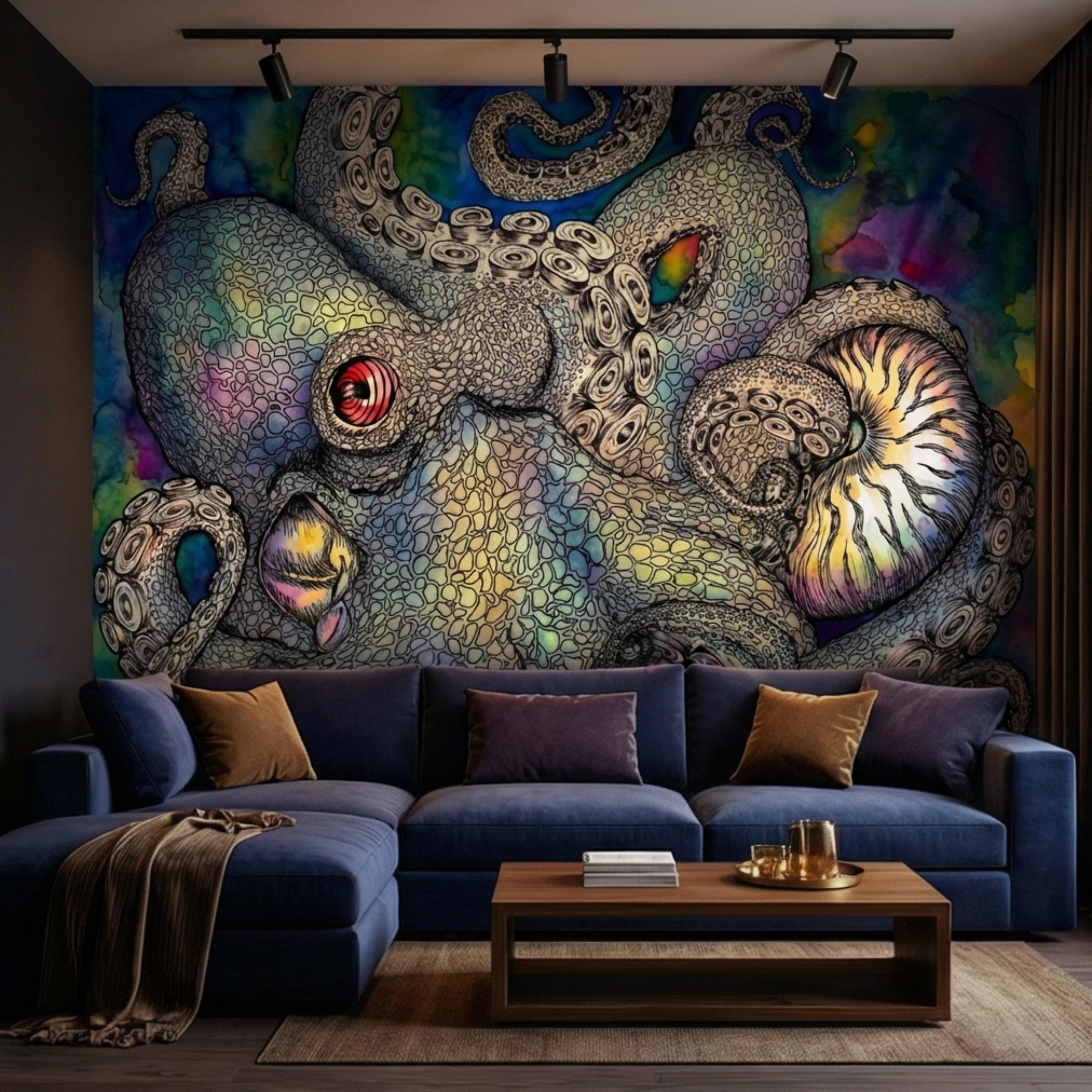 Majestic Octopus Peel and Stick Wall Mural, Colorful Abstract Marine Art Wallpaper, Bold Nautical Ocean Statement Wall Decor