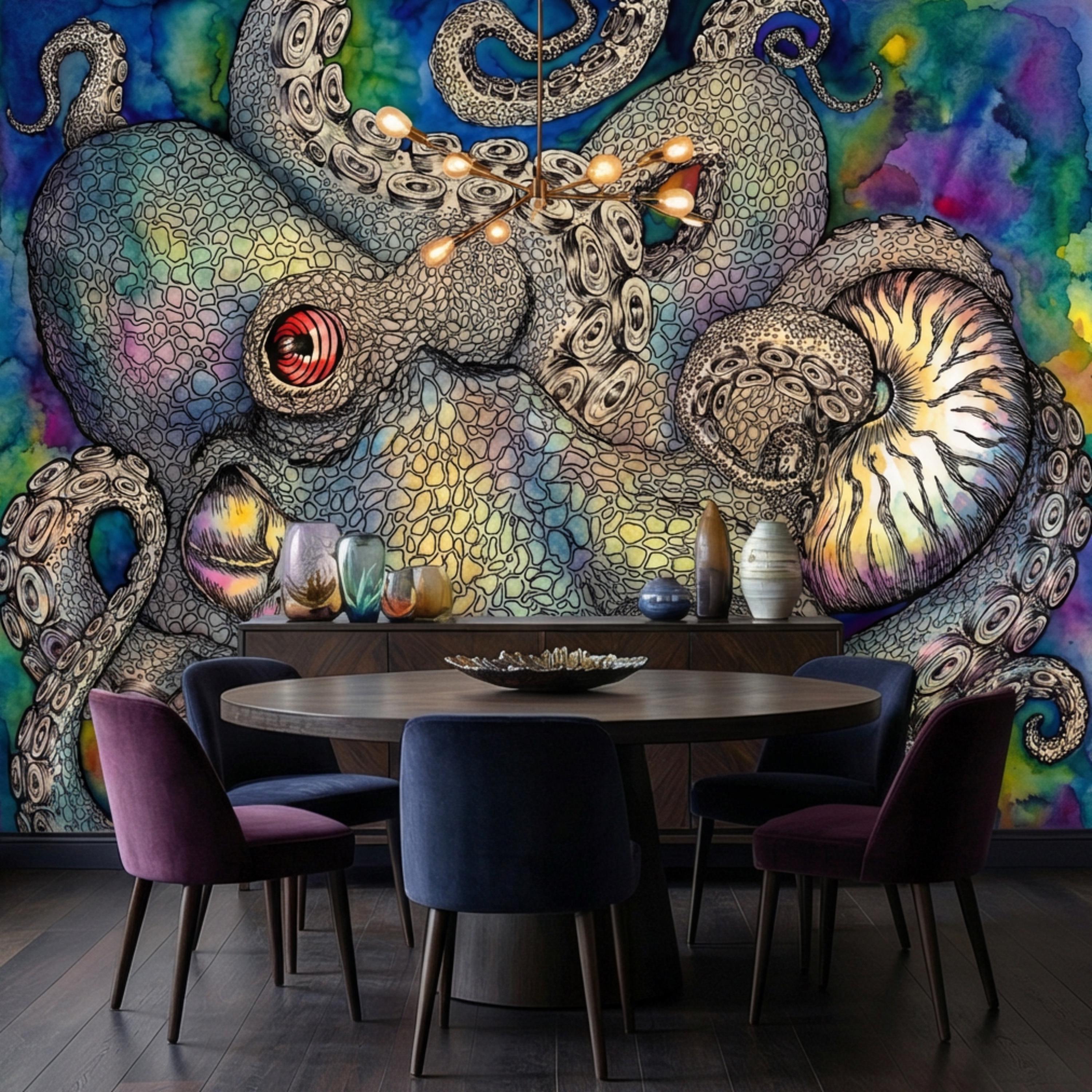 Majestic Octopus Peel and Stick Wall Mural, Colorful Abstract Marine Art Wallpaper, Bold Nautical Ocean Statement Wall Decor