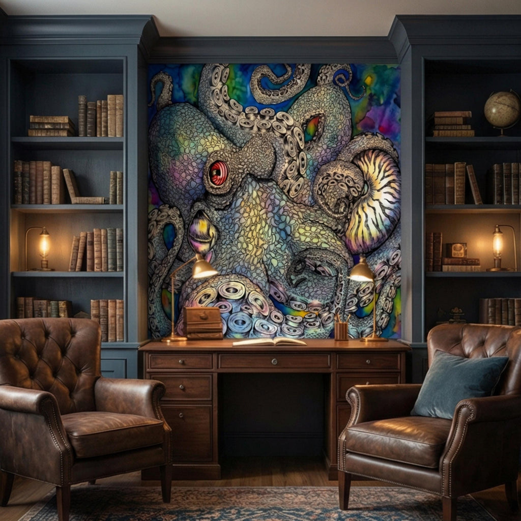 Majestic Octopus Peel and Stick Wall Mural, Colorful Abstract Marine Art Wallpaper, Bold Nautical Ocean Statement Wall Decor