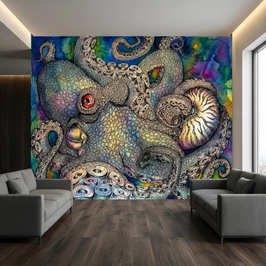 Majestic Octopus Peel and Stick Wall Mural, Colorful Abstract Marine Art Wallpaper, Bold Nautical Ocean Statement Wall Decor