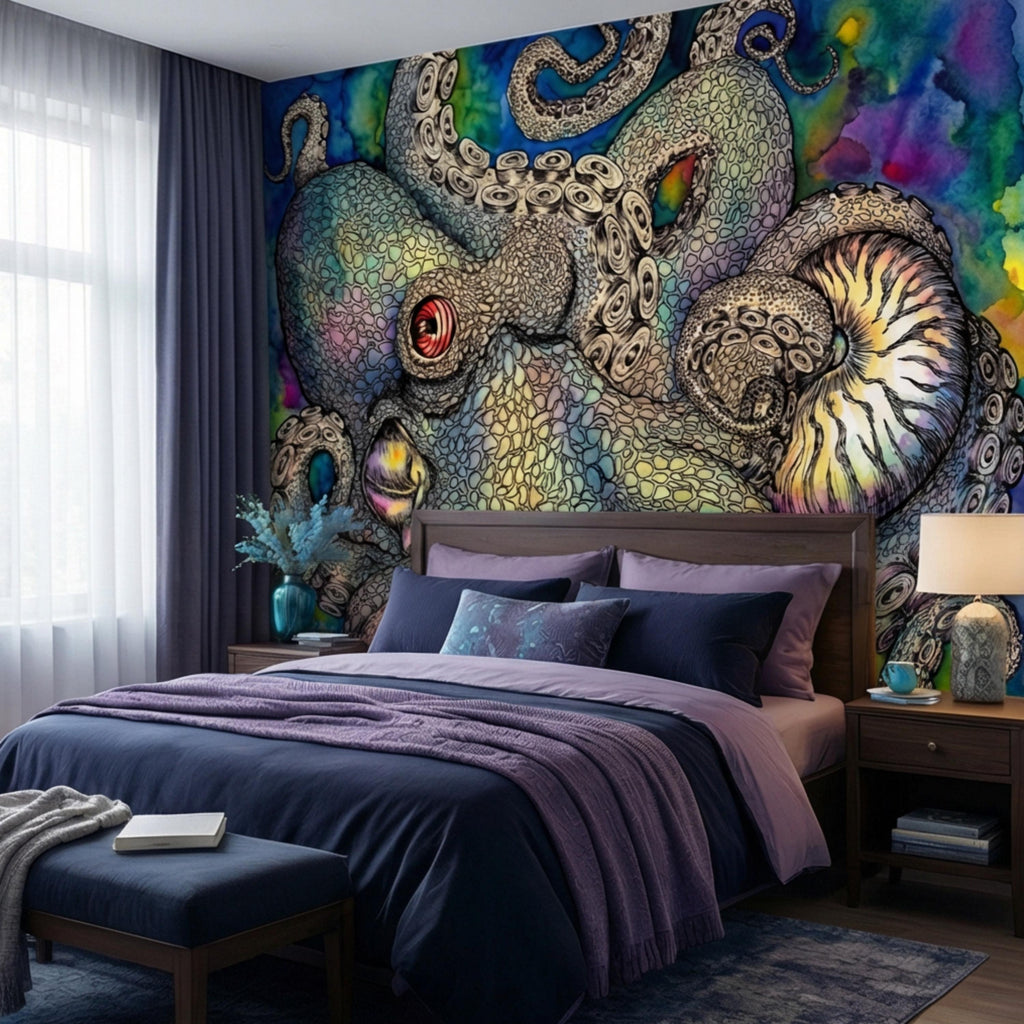 Majestic Octopus Peel and Stick Wall Mural, Colorful Abstract Marine Art Wallpaper, Bold Nautical Ocean Statement Wall Decor