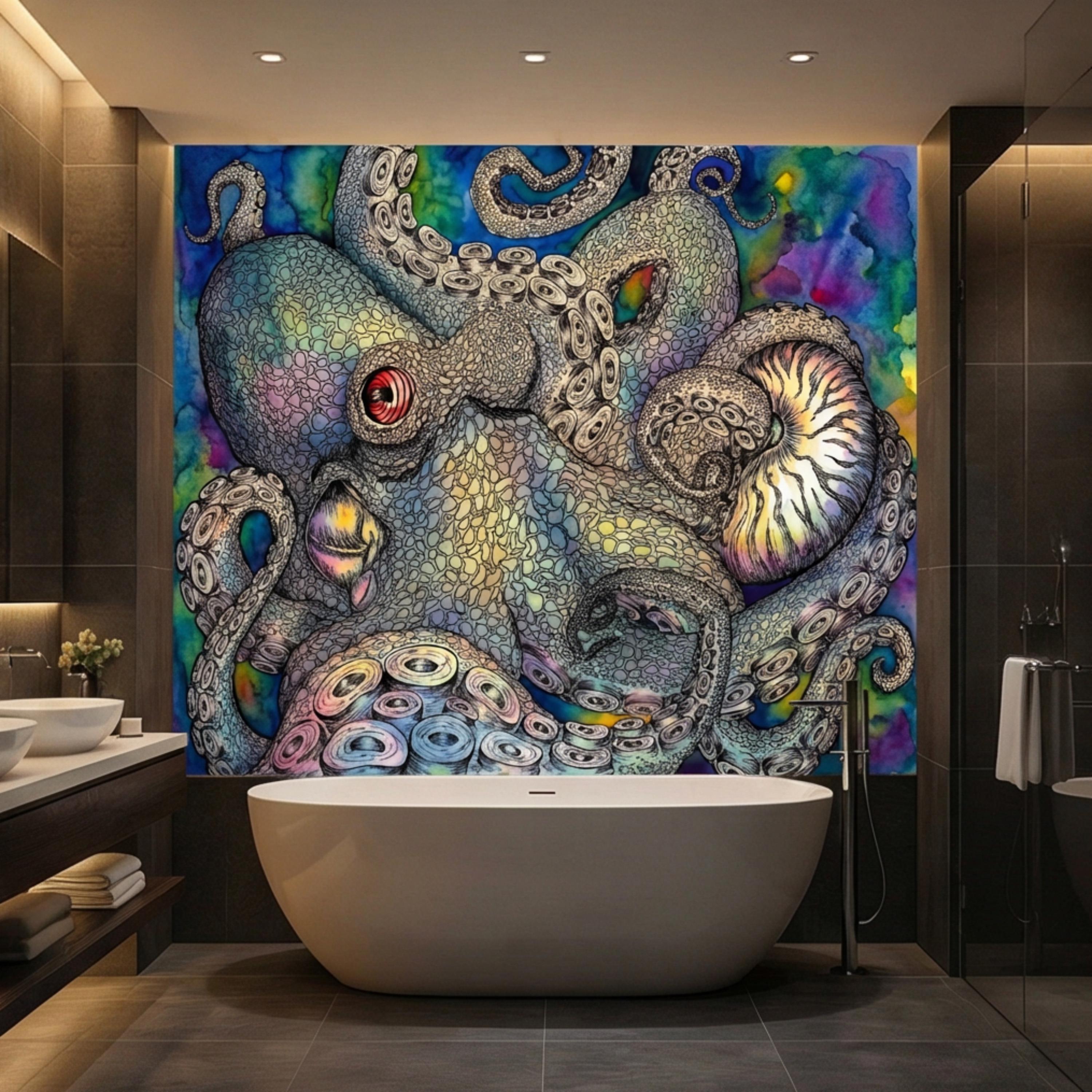 Majestic Octopus Peel and Stick Wall Mural, Colorful Abstract Marine Art Wallpaper, Bold Nautical Ocean Statement Wall Decor