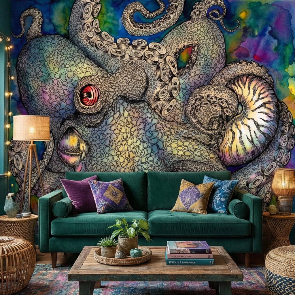 Majestic Octopus Peel and Stick Wall Mural, Colorful Abstract Marine Art Wallpaper, Bold Nautical Ocean Statement Wall Decor