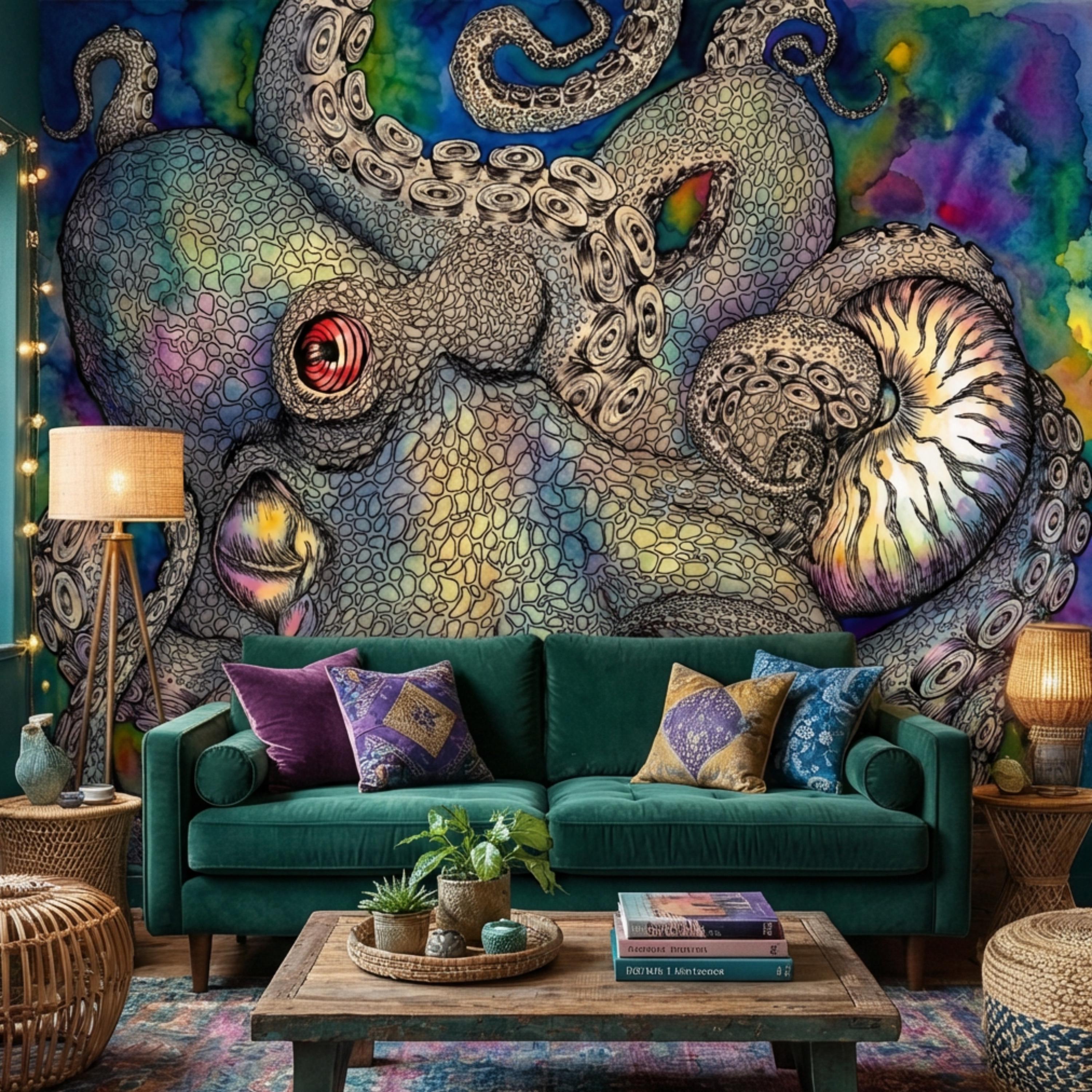 Majestic Octopus Peel and Stick Wall Mural, Colorful Abstract Marine Art Wallpaper, Bold Nautical Ocean Statement Wall Decor