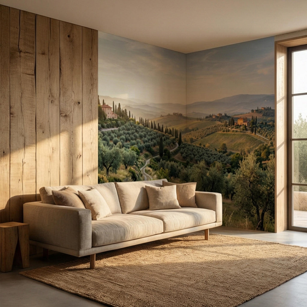 Tuscan Countryside Landscape Peel and Stick Wall Mural, Cypress Trees Olive Grove, Italian Villa Valley Wallpaper