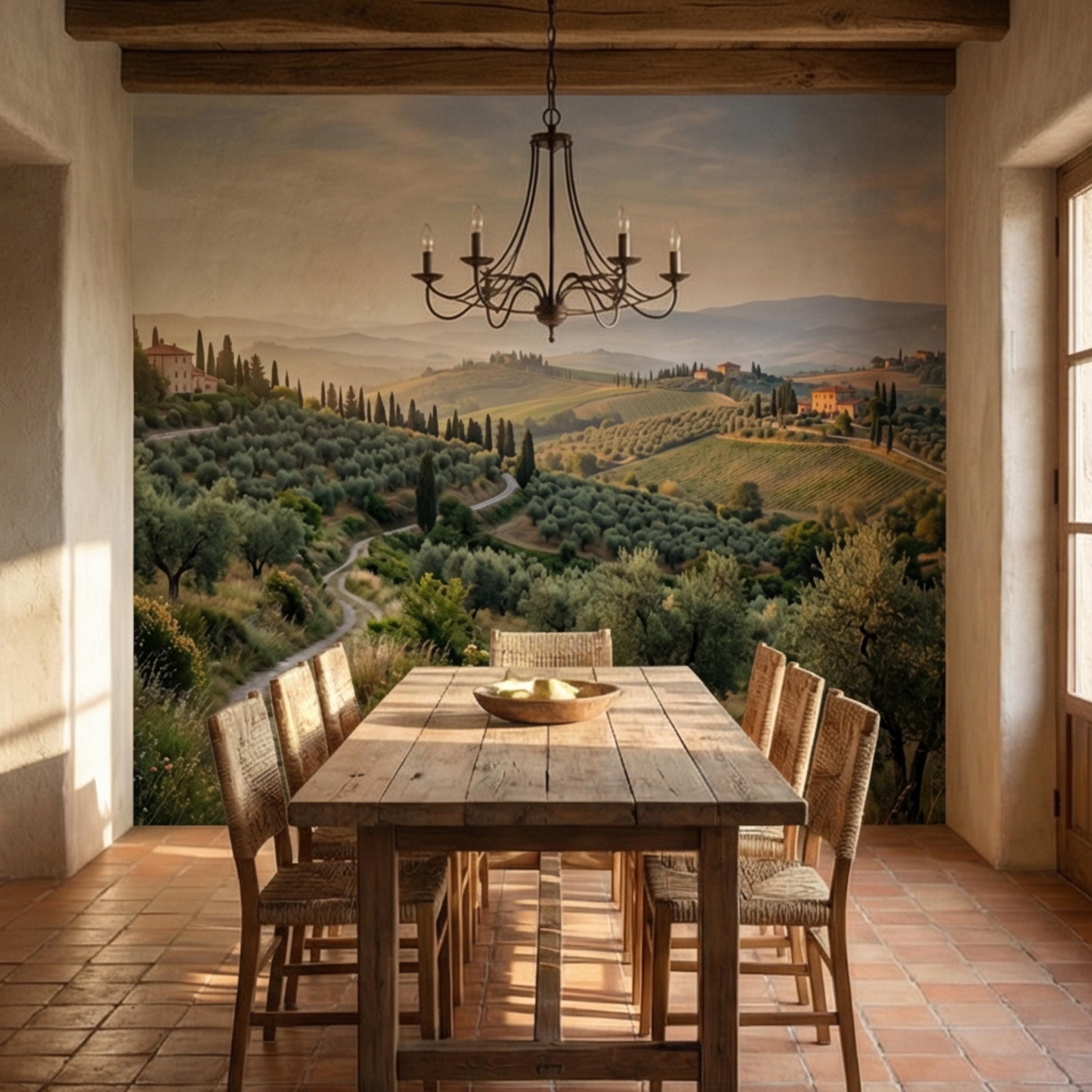 Tuscan Countryside Landscape Peel and Stick Wall Mural, Cypress Trees Olive Grove, Italian Villa Valley Wallpaper