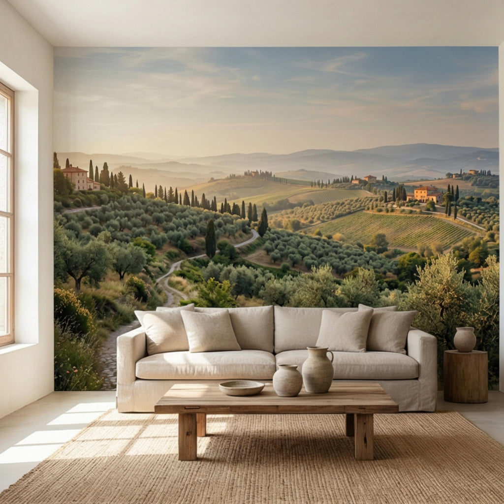 Tuscan Countryside Landscape Peel and Stick Wall Mural, Cypress Trees Olive Grove, Italian Villa Valley Wallpaper