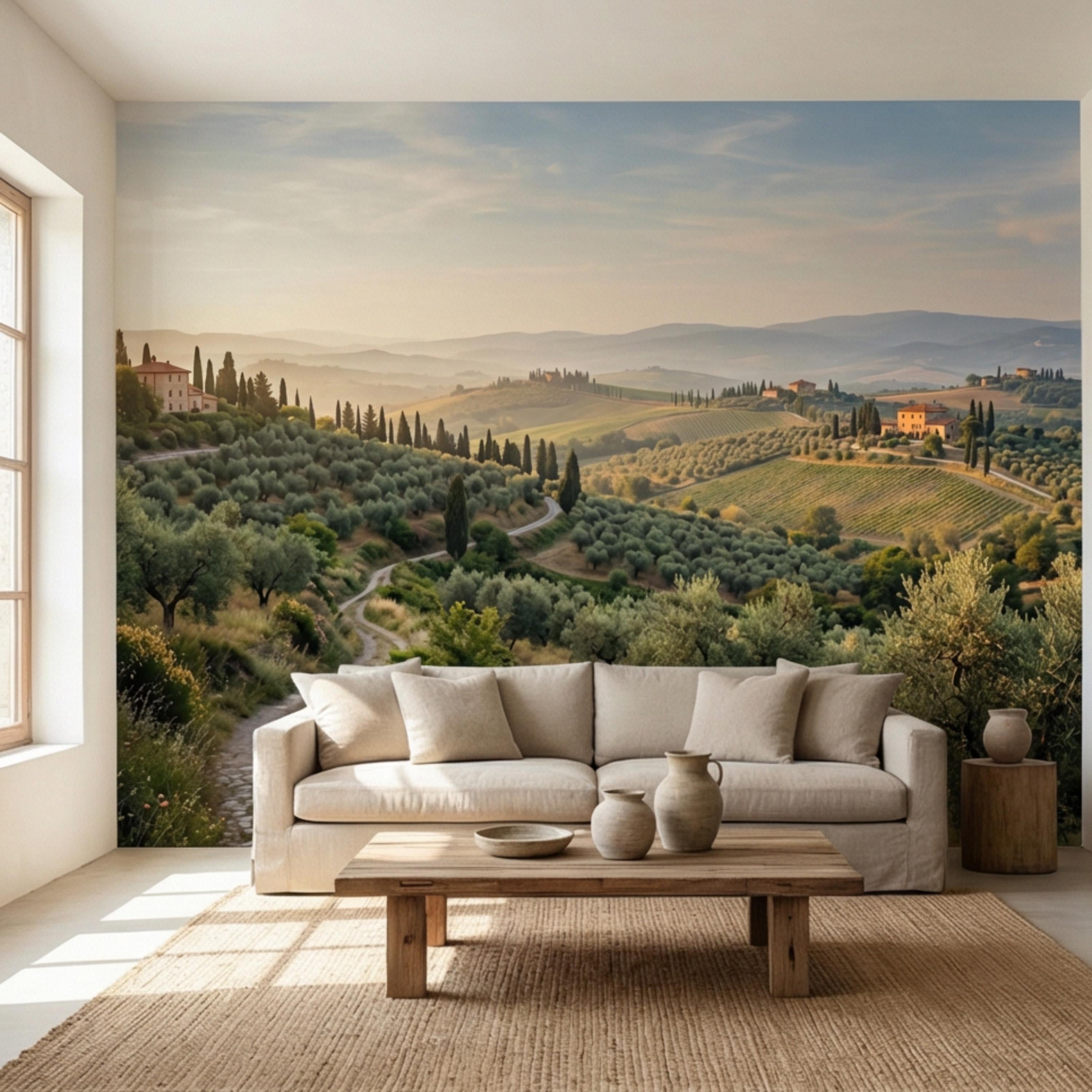 Tuscan Countryside Landscape Peel and Stick Wall Mural, Cypress Trees Olive Grove, Italian Villa Valley Wallpaper