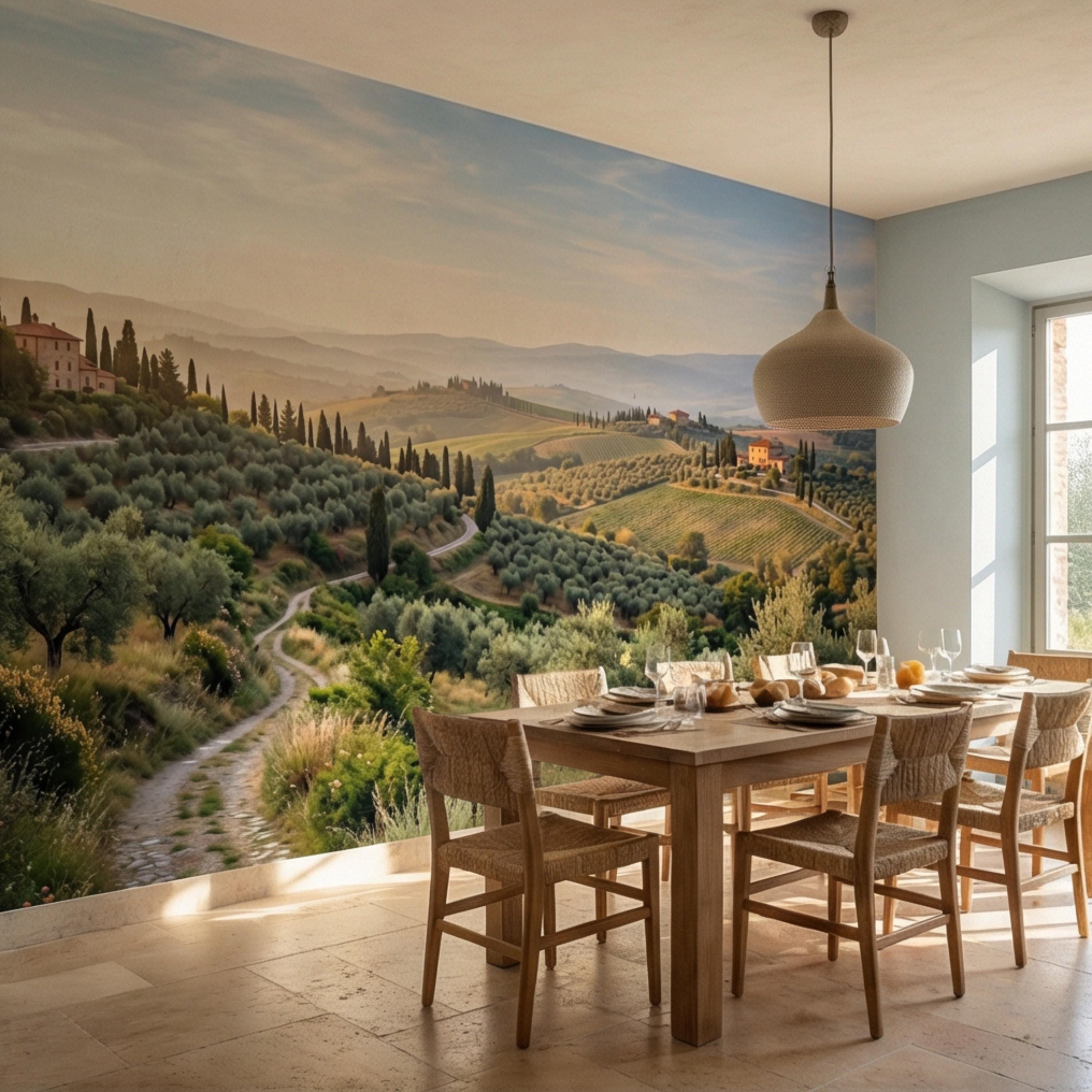 Tuscan Countryside Landscape Peel and Stick Wall Mural, Cypress Trees Olive Grove, Italian Villa Valley Wallpaper