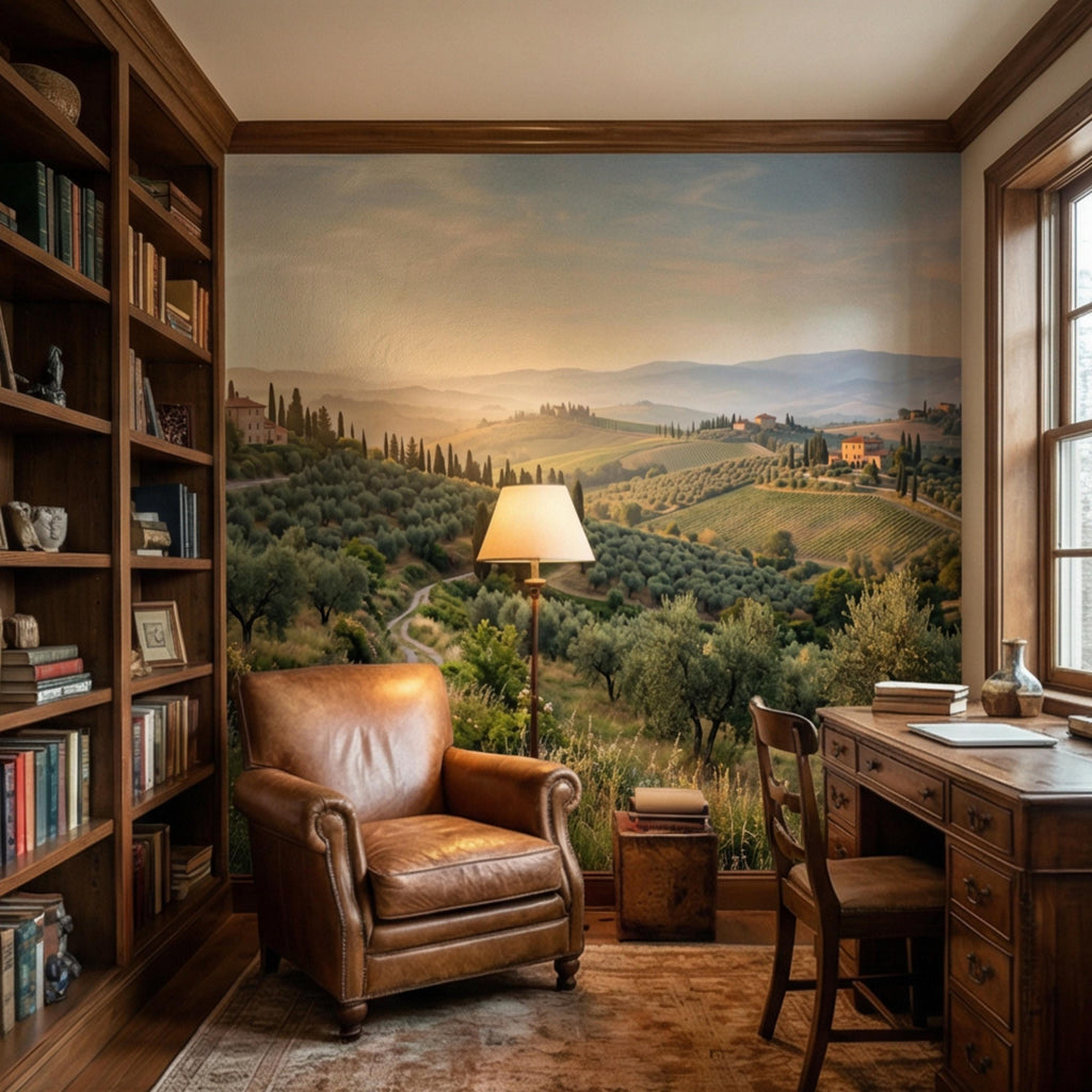 Tuscan Countryside Landscape Peel and Stick Wall Mural, Cypress Trees Olive Grove, Italian Villa Valley Wallpaper