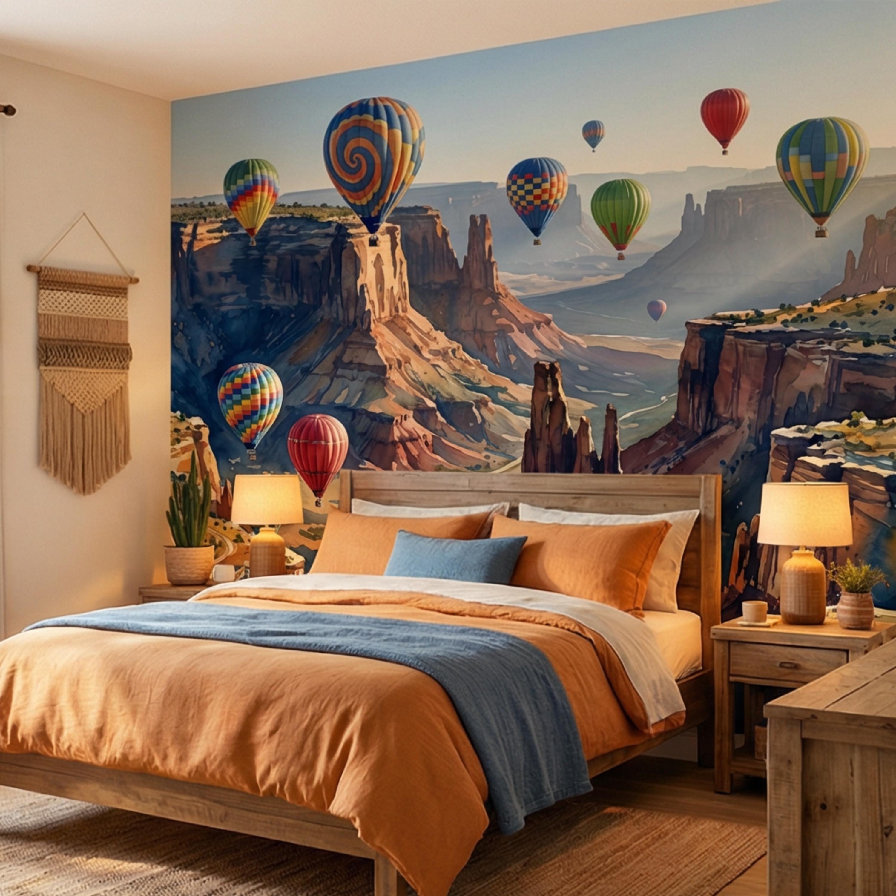 Grand Canyon Hot Air Balloons Peel and Stick Wall Mural, Colorful Southwest Desert Landscape Wallpaper, Monument Valley Scenic Wall Decor