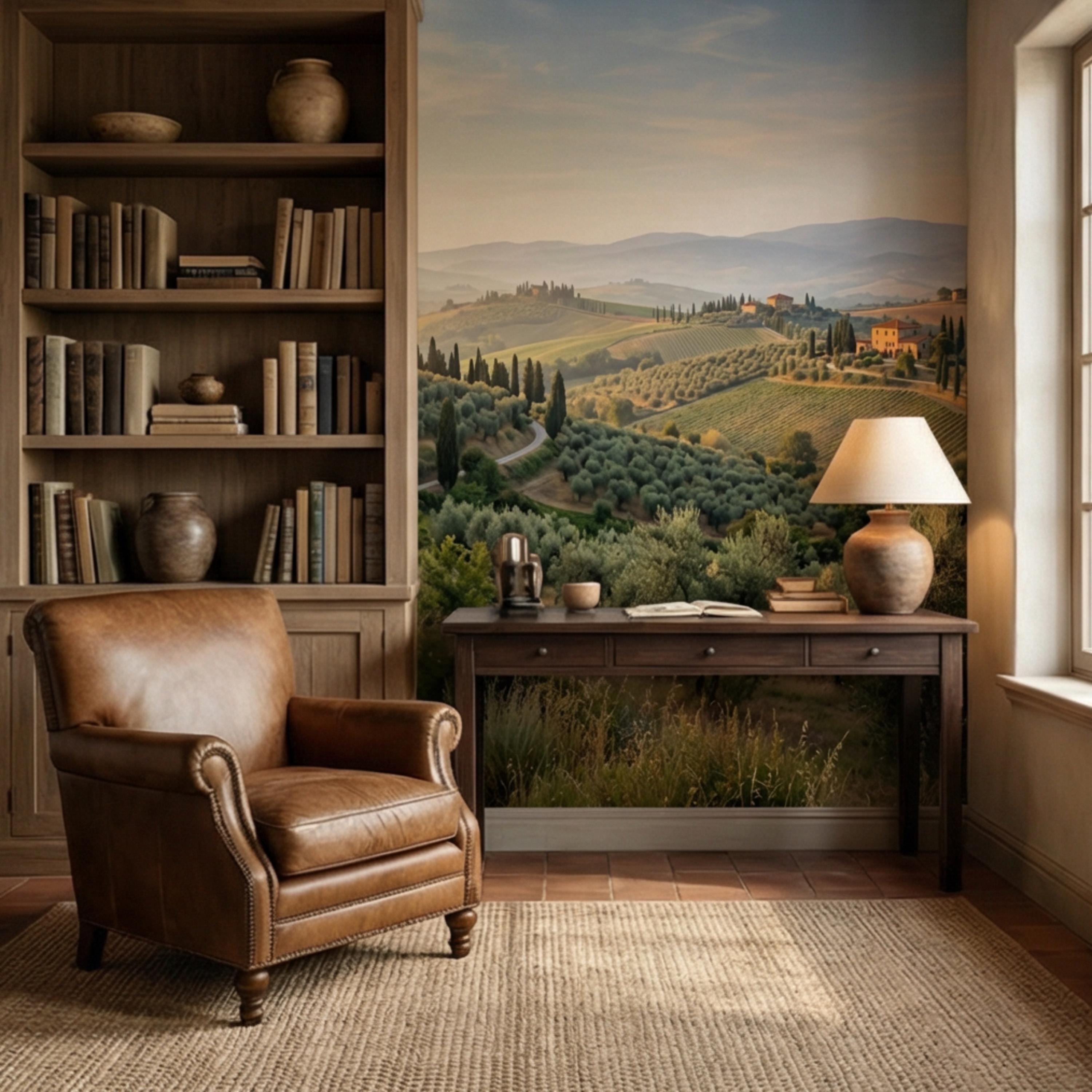 Tuscan Countryside Landscape Peel and Stick Wall Mural, Cypress Trees Olive Grove, Italian Villa Valley Wallpaper