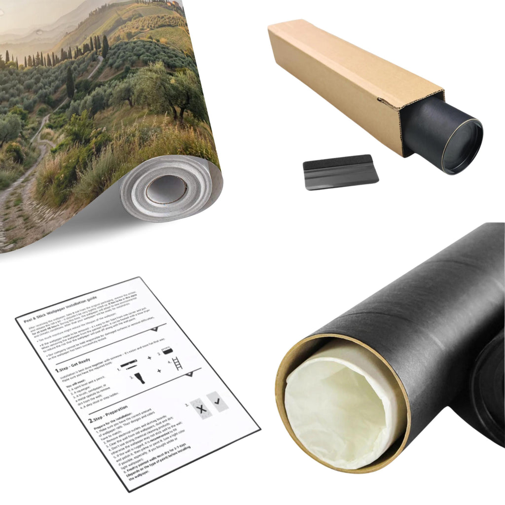 Tuscan Countryside Landscape Peel and Stick Wall Mural, Cypress Trees Olive Grove, Italian Villa Valley Wallpaper