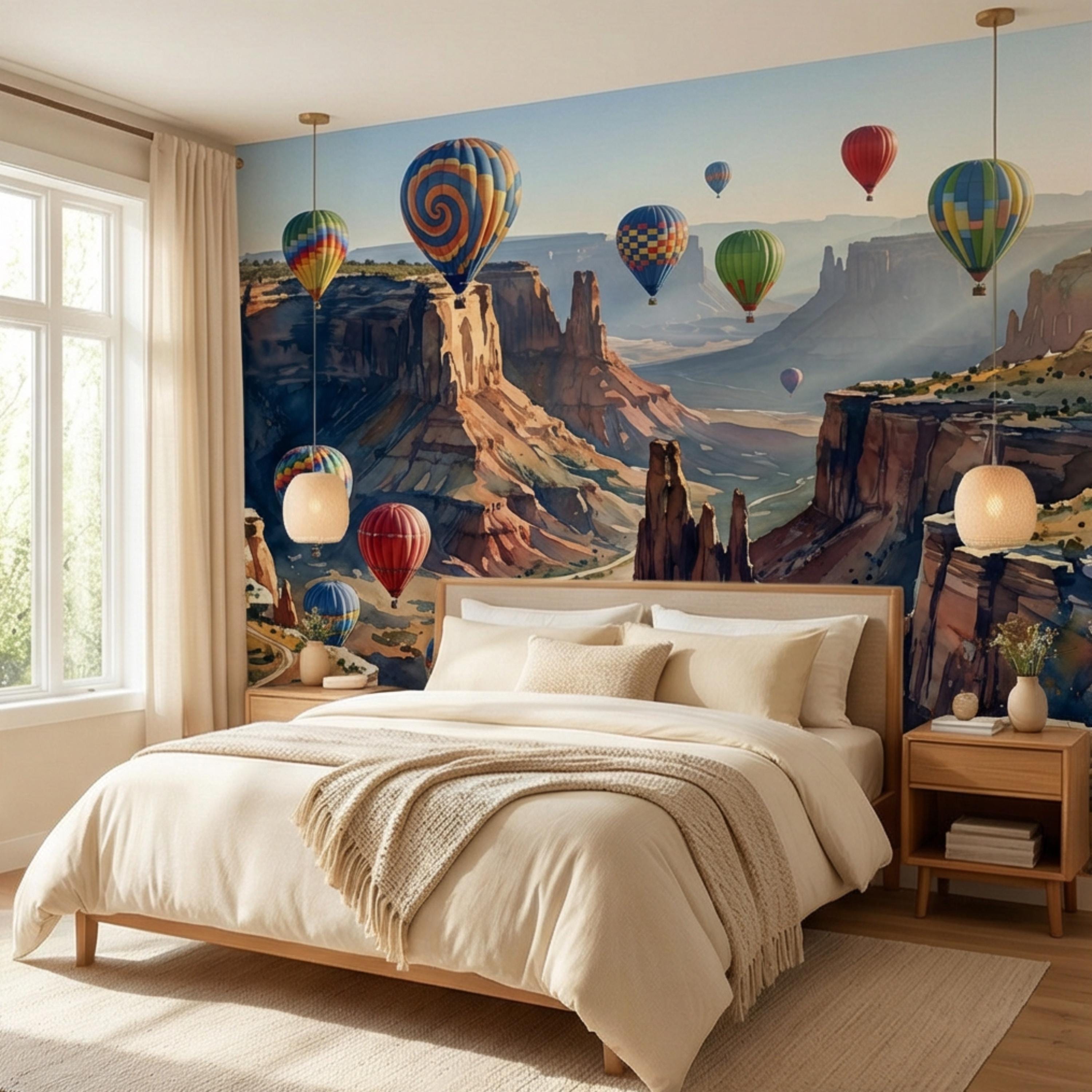 Grand Canyon Hot Air Balloons Peel and Stick Wall Mural, Colorful Southwest Desert Landscape Wallpaper, Monument Valley Scenic Wall Decor