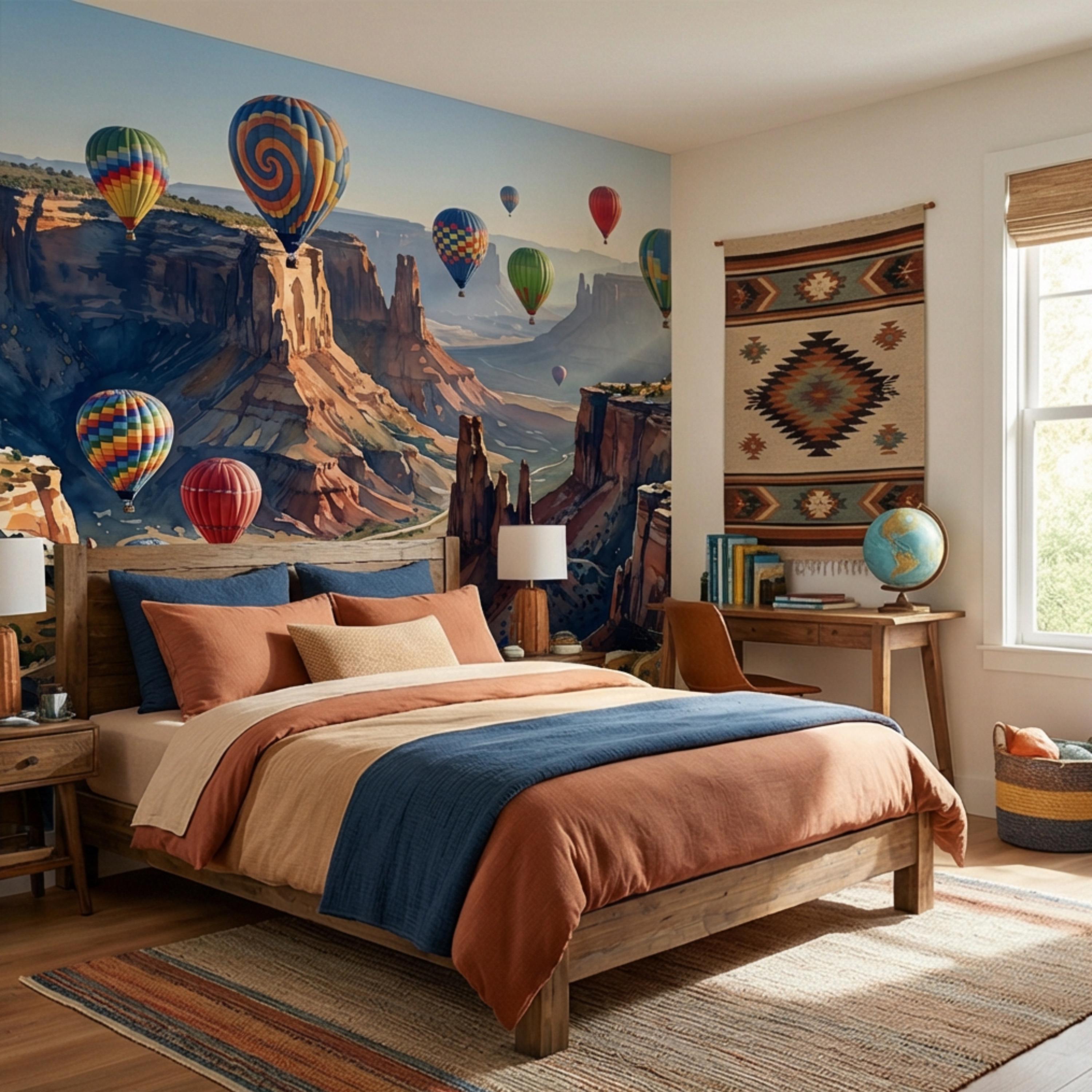 Grand Canyon Hot Air Balloons Peel and Stick Wall Mural, Colorful Southwest Desert Landscape Wallpaper, Monument Valley Scenic Wall Decor