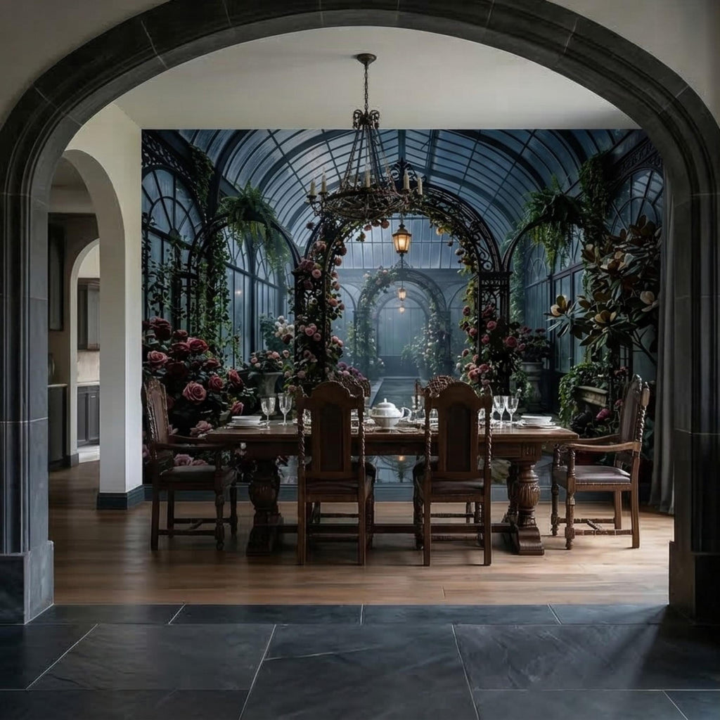 Moonlit Victorian Conservatory Peel and Stick Wall Mural, Dark Floral Greenhouse Rose Garden Wallpaper