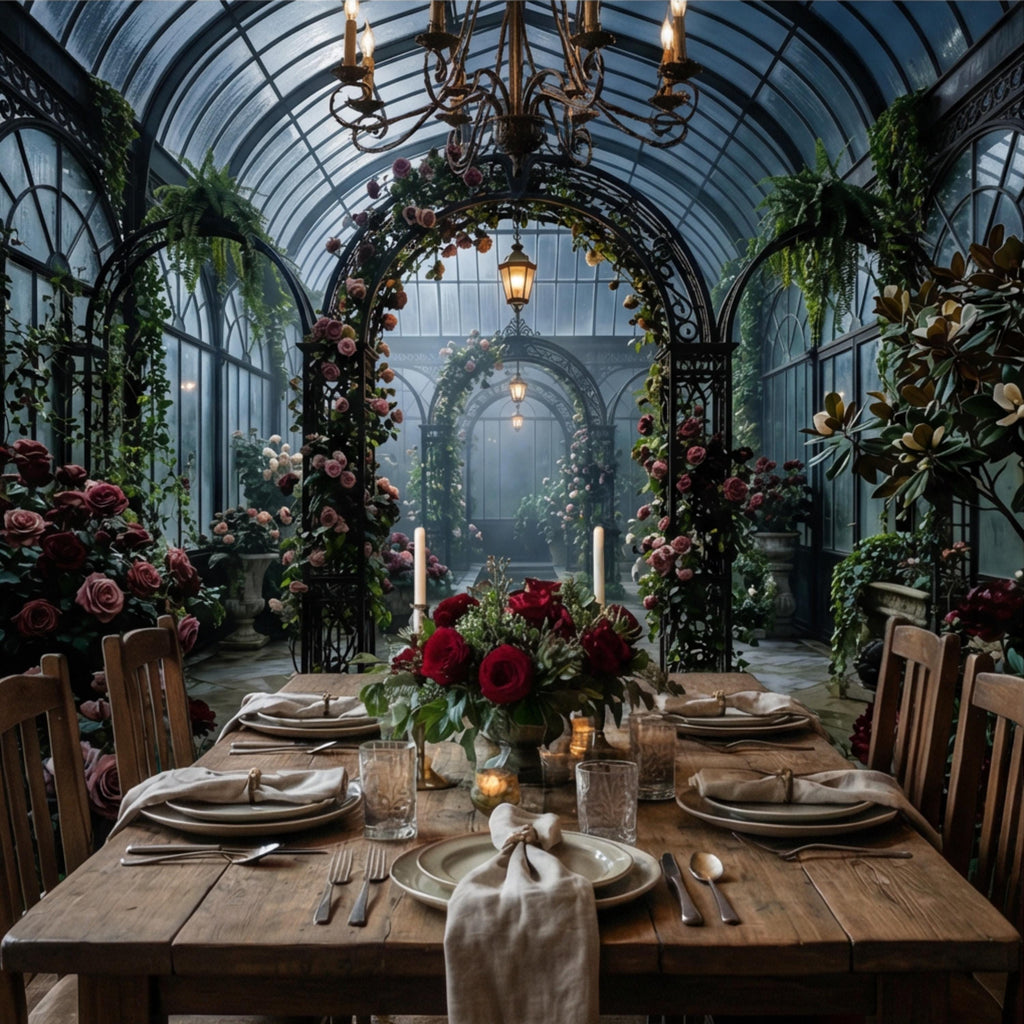 Moonlit Victorian Conservatory Peel and Stick Wall Mural, Dark Floral Greenhouse Rose Garden Wallpaper