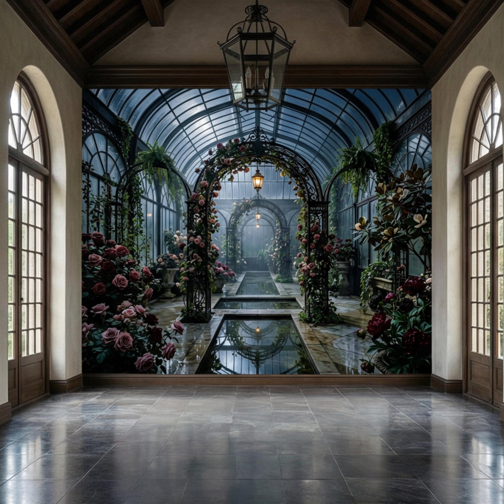 Moonlit Victorian Conservatory Peel and Stick Wall Mural, Dark Floral Greenhouse Rose Garden Wallpaper