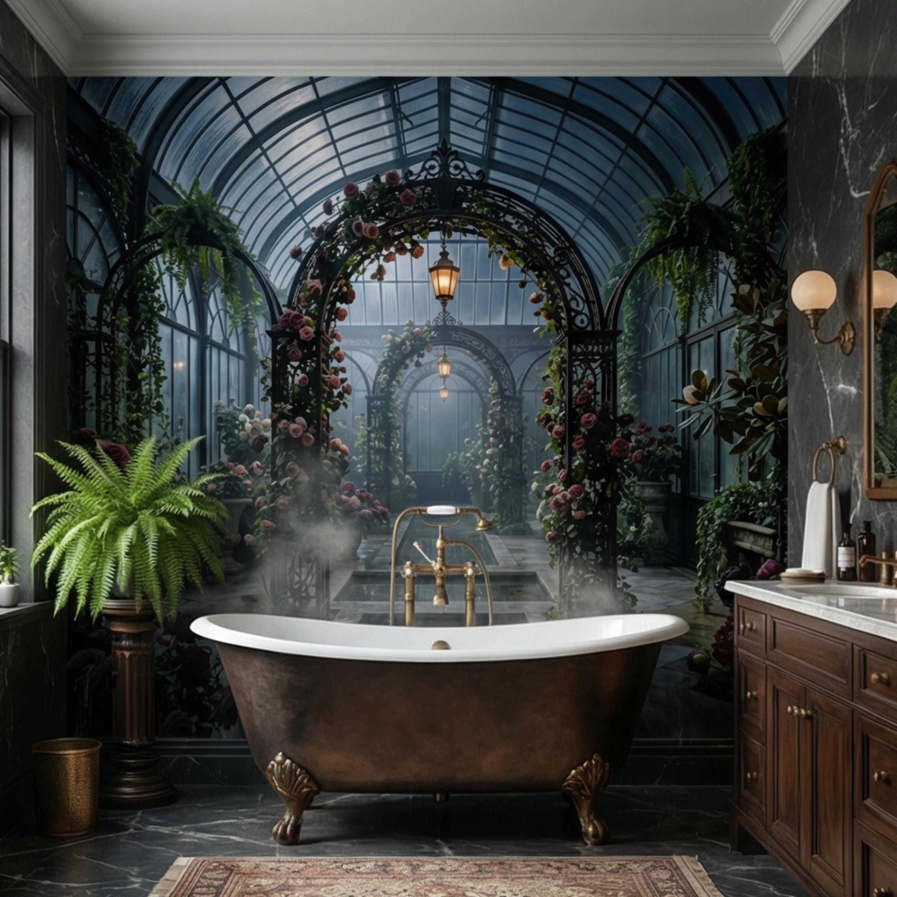 Moonlit Victorian Conservatory Peel and Stick Wall Mural, Dark Floral Greenhouse Rose Garden Wallpaper