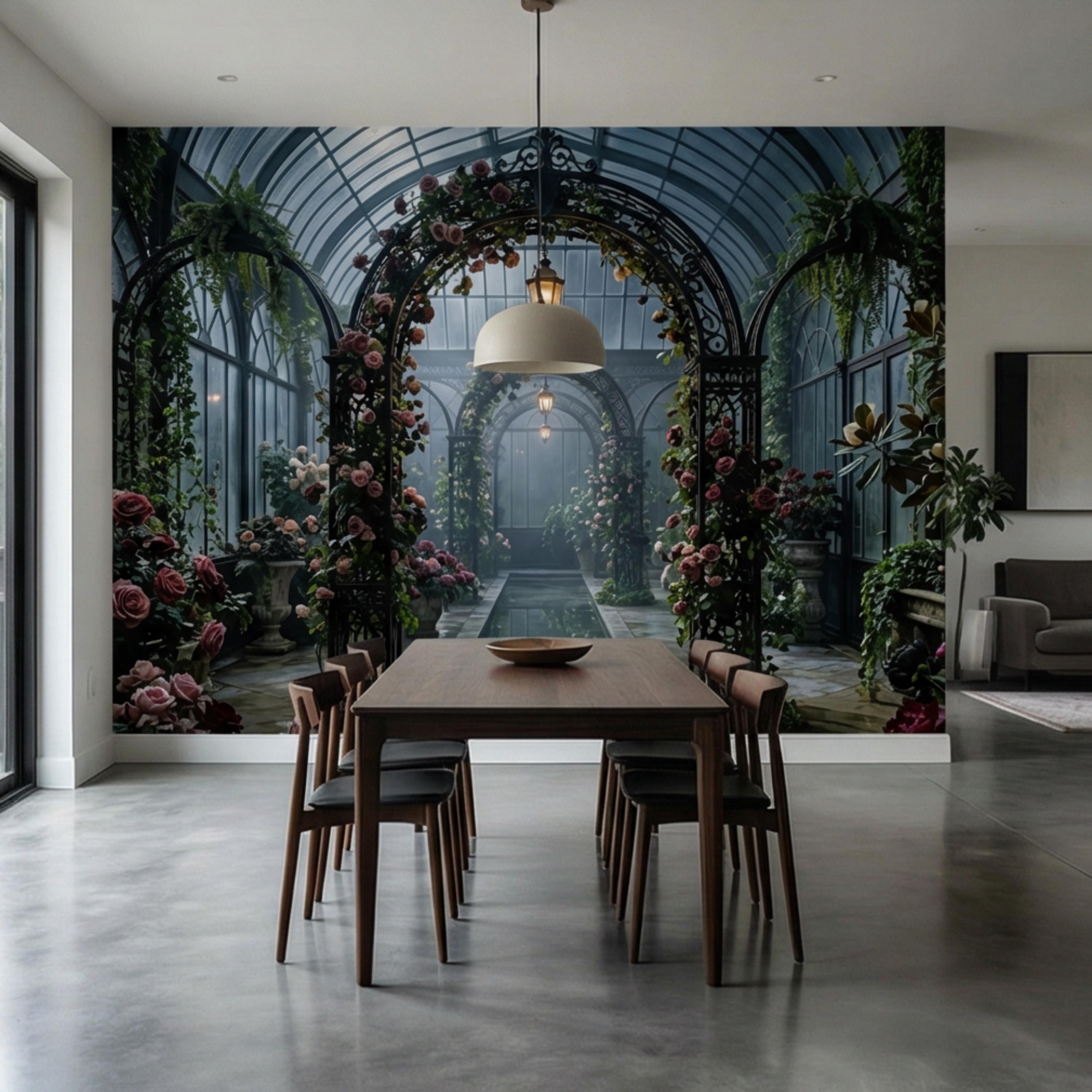 Moonlit Victorian Conservatory Peel and Stick Wall Mural, Dark Floral Greenhouse Rose Garden Wallpaper