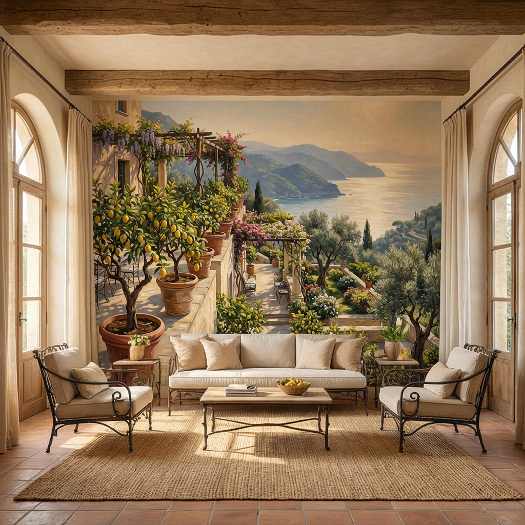 Amalfi Coast Italian Lemon Terrace Peel and Stick Wall Mural, Mediterranean Villa Sea View Wallpaper