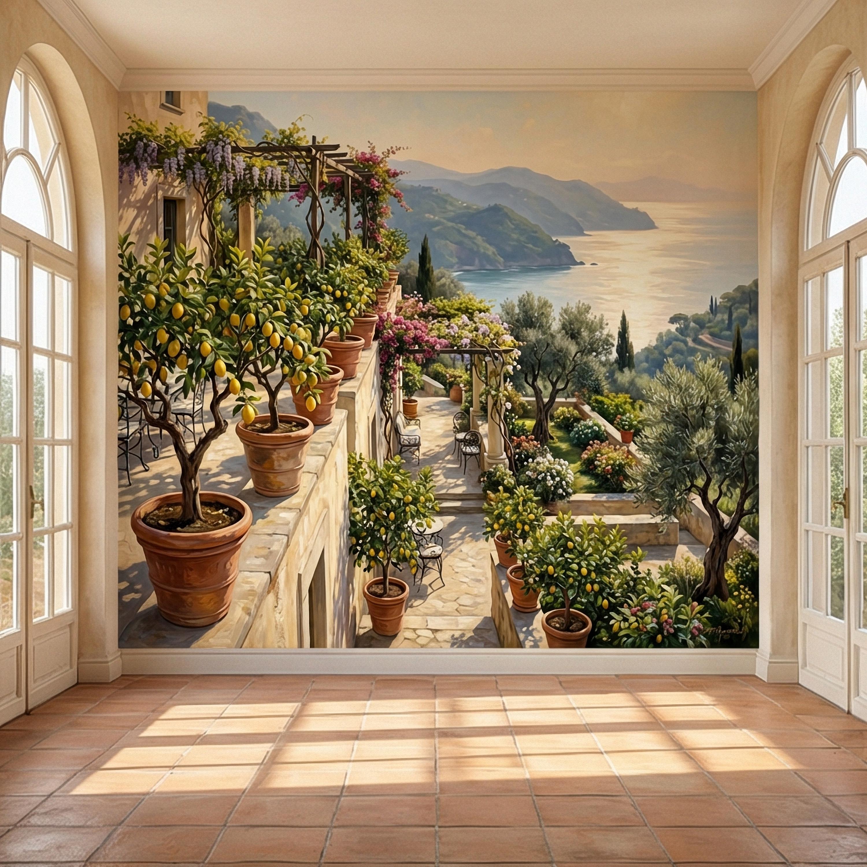 Amalfi Coast Italian Lemon Terrace Peel and Stick Wall Mural, Mediterranean Villa Sea View Wallpaper