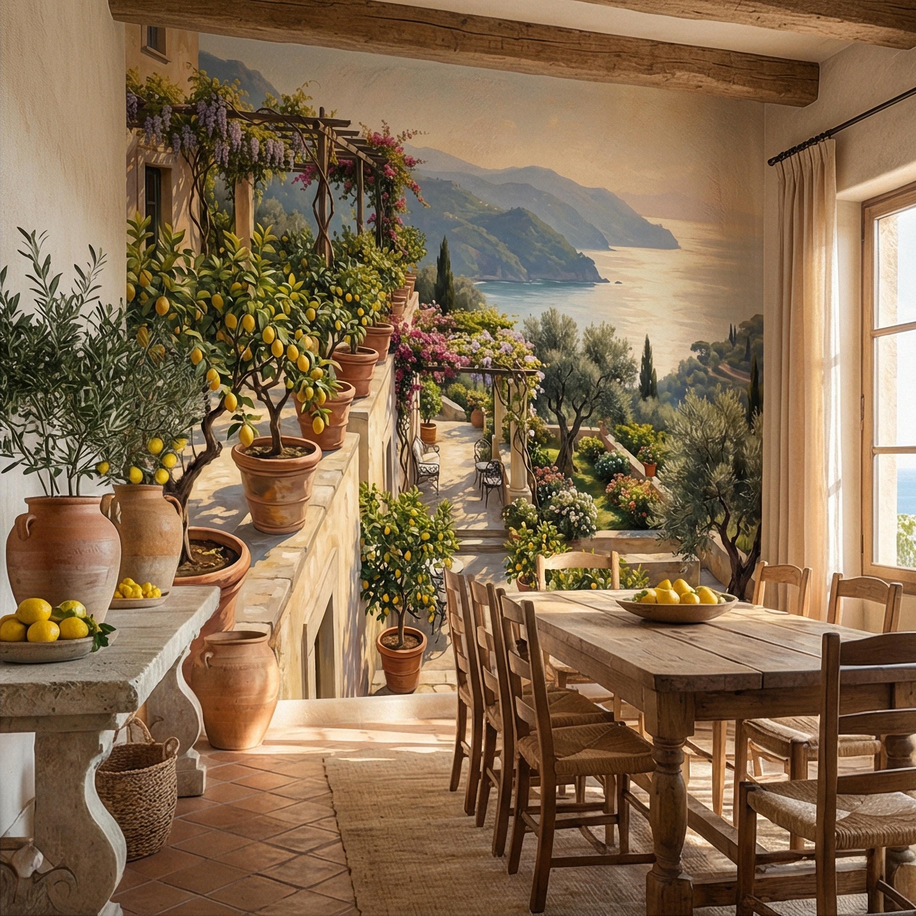 Amalfi Coast Italian Lemon Terrace Peel and Stick Wall Mural, Mediterranean Villa Sea View Wallpaper