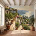 Amalfi Coast Italian Lemon Terrace Peel and Stick Wall Mural, Mediterranean Villa Sea View Wallpaper
