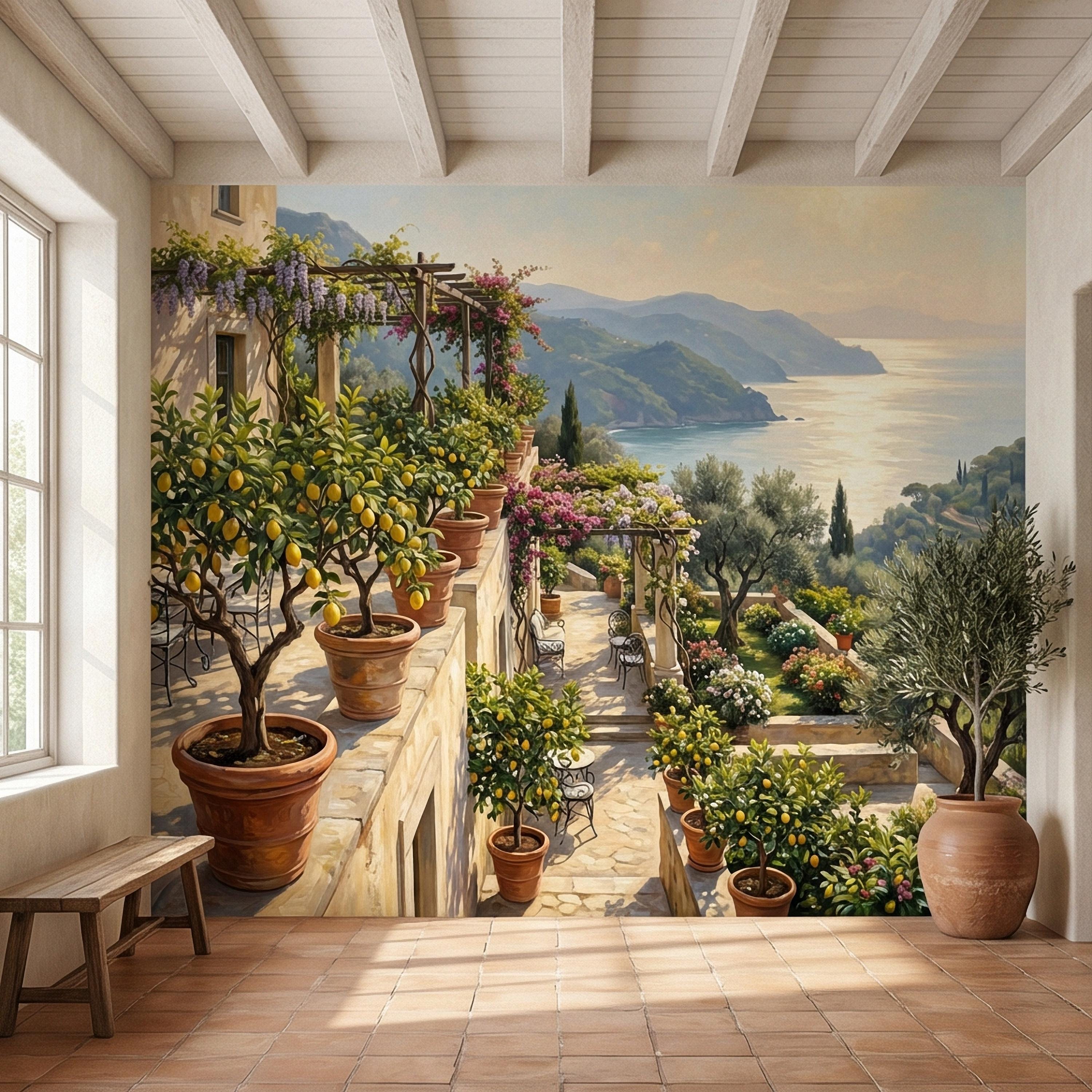 Amalfi Coast Italian Lemon Terrace Peel and Stick Wall Mural, Mediterranean Villa Sea View Wallpaper