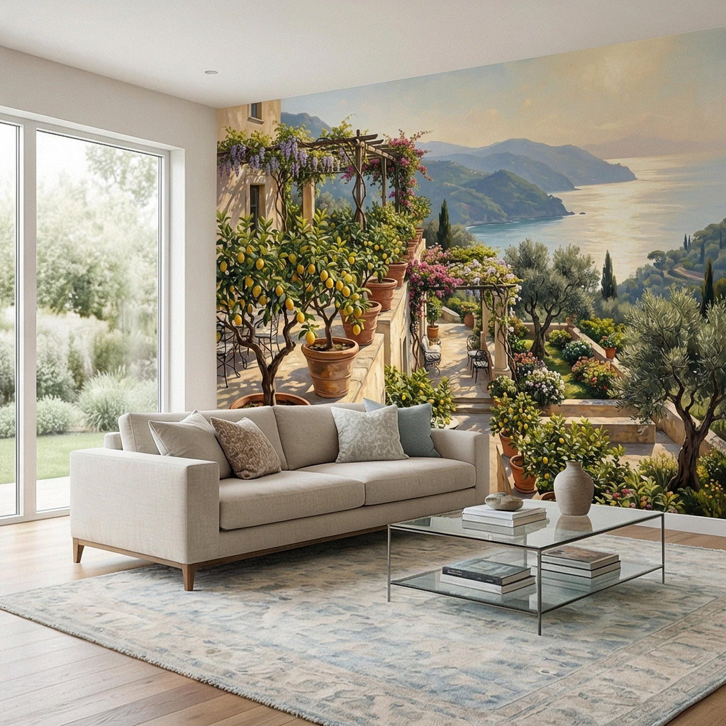 Amalfi Coast Italian Lemon Terrace Peel and Stick Wall Mural, Mediterranean Villa Sea View Wallpaper