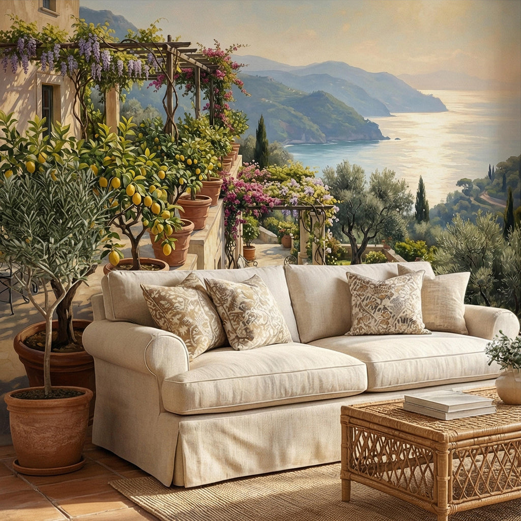 Amalfi Coast Italian Lemon Terrace Peel and Stick Wall Mural, Mediterranean Villa Sea View Wallpaper