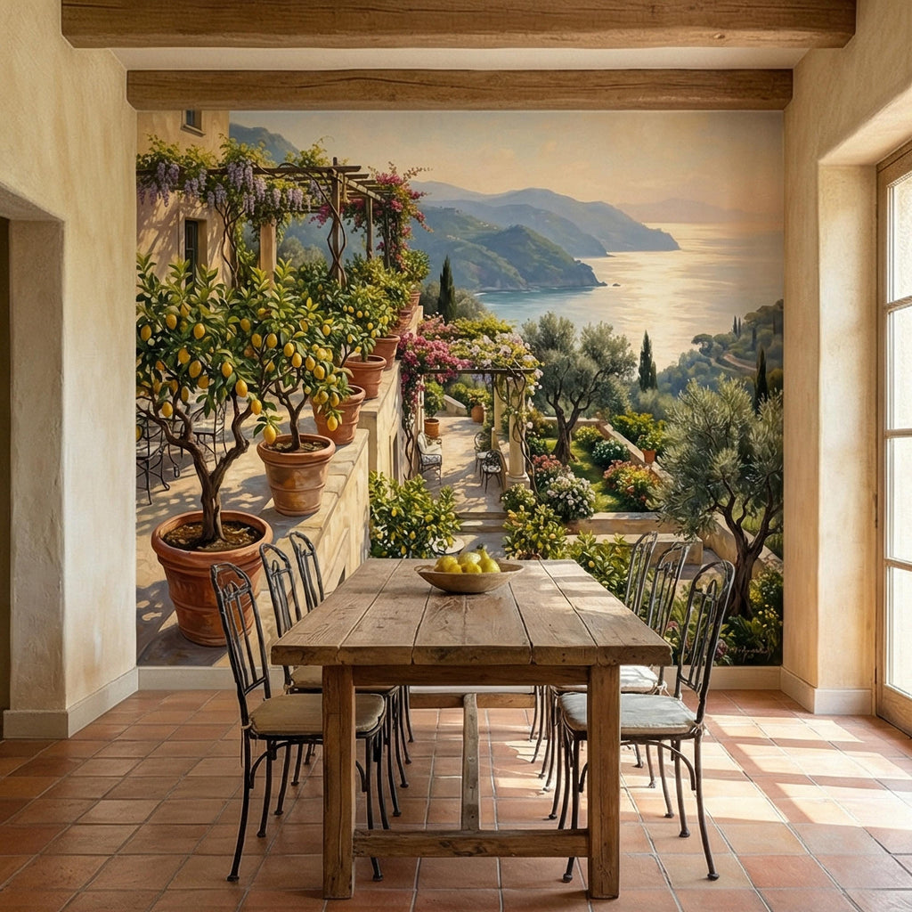 Amalfi Coast Italian Lemon Terrace Peel and Stick Wall Mural, Mediterranean Villa Sea View Wallpaper