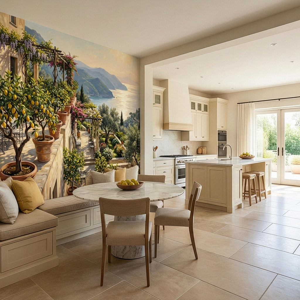 Amalfi Coast Italian Lemon Terrace Peel and Stick Wall Mural, Mediterranean Villa Sea View Wallpaper