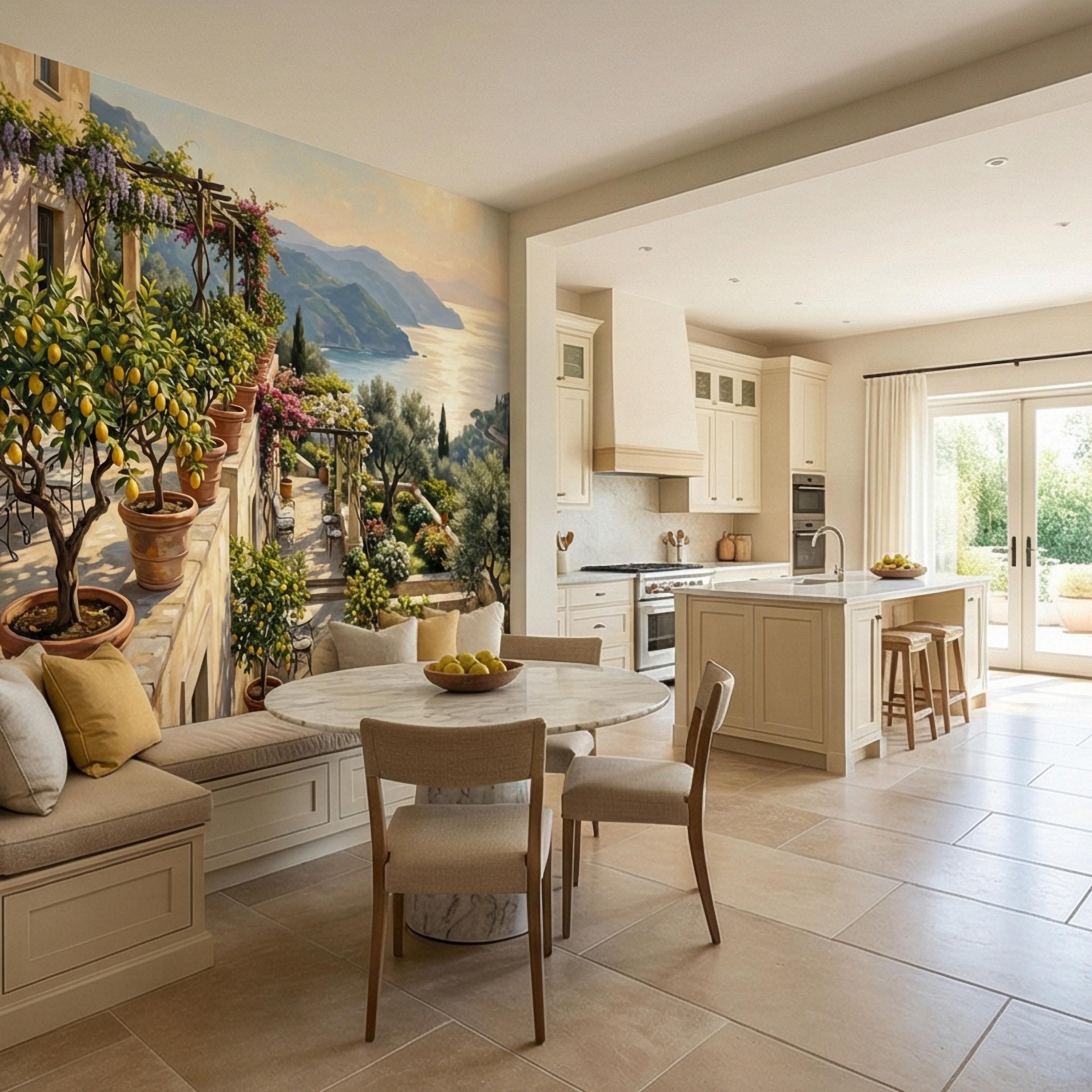 Amalfi Coast Italian Lemon Terrace Peel and Stick Wall Mural, Mediterranean Villa Sea View Wallpaper