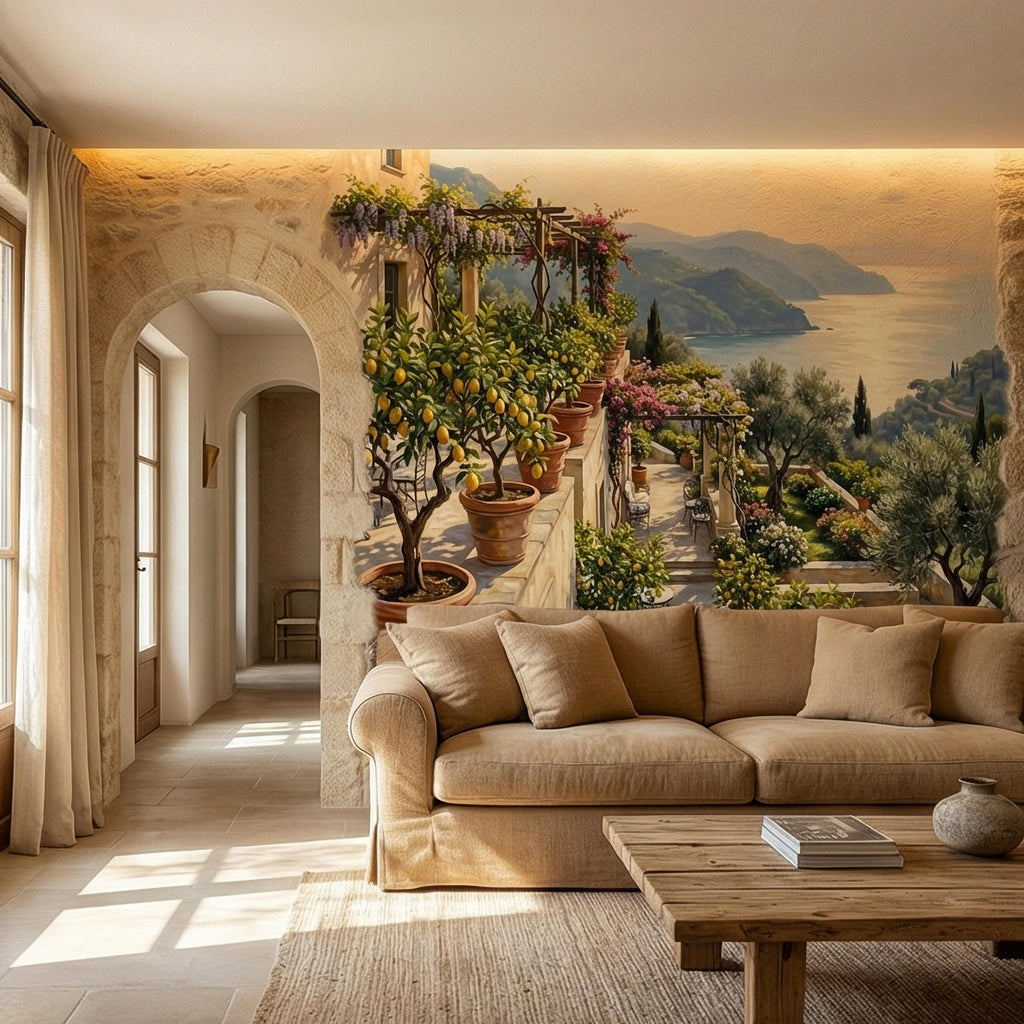 Amalfi Coast Italian Lemon Terrace Peel and Stick Wall Mural, Mediterranean Villa Sea View Wallpaper