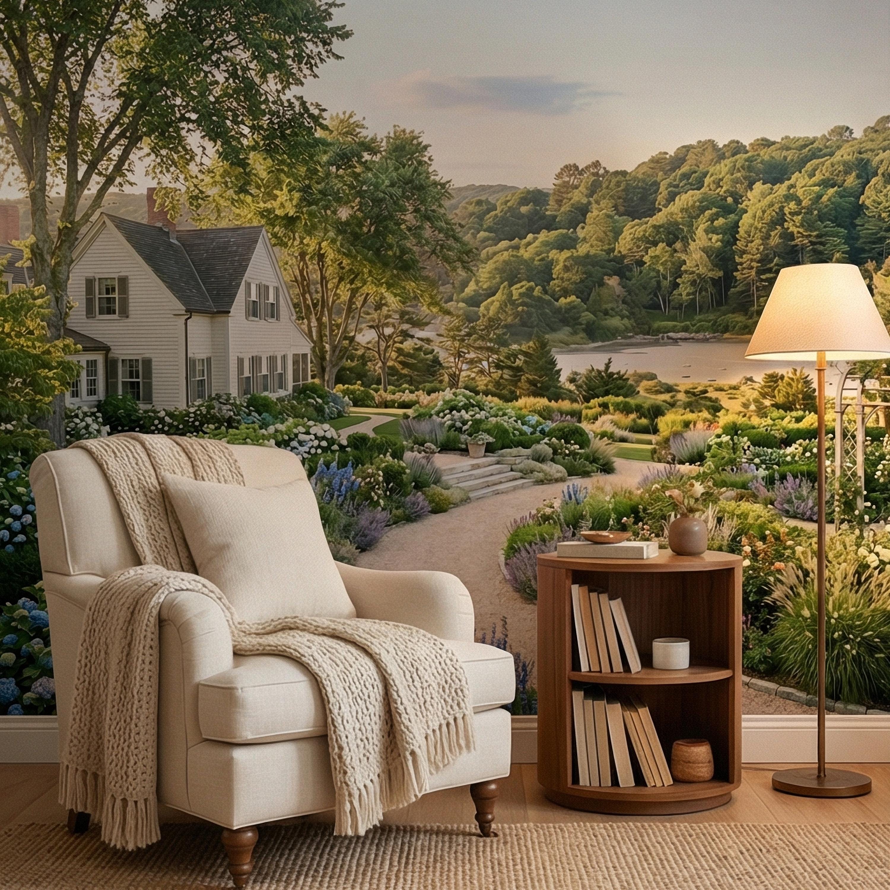 Hamptons Hydrangea Garden Peel and Stick Wall Mural, New England Coastal Estate Landscape Wallpaper