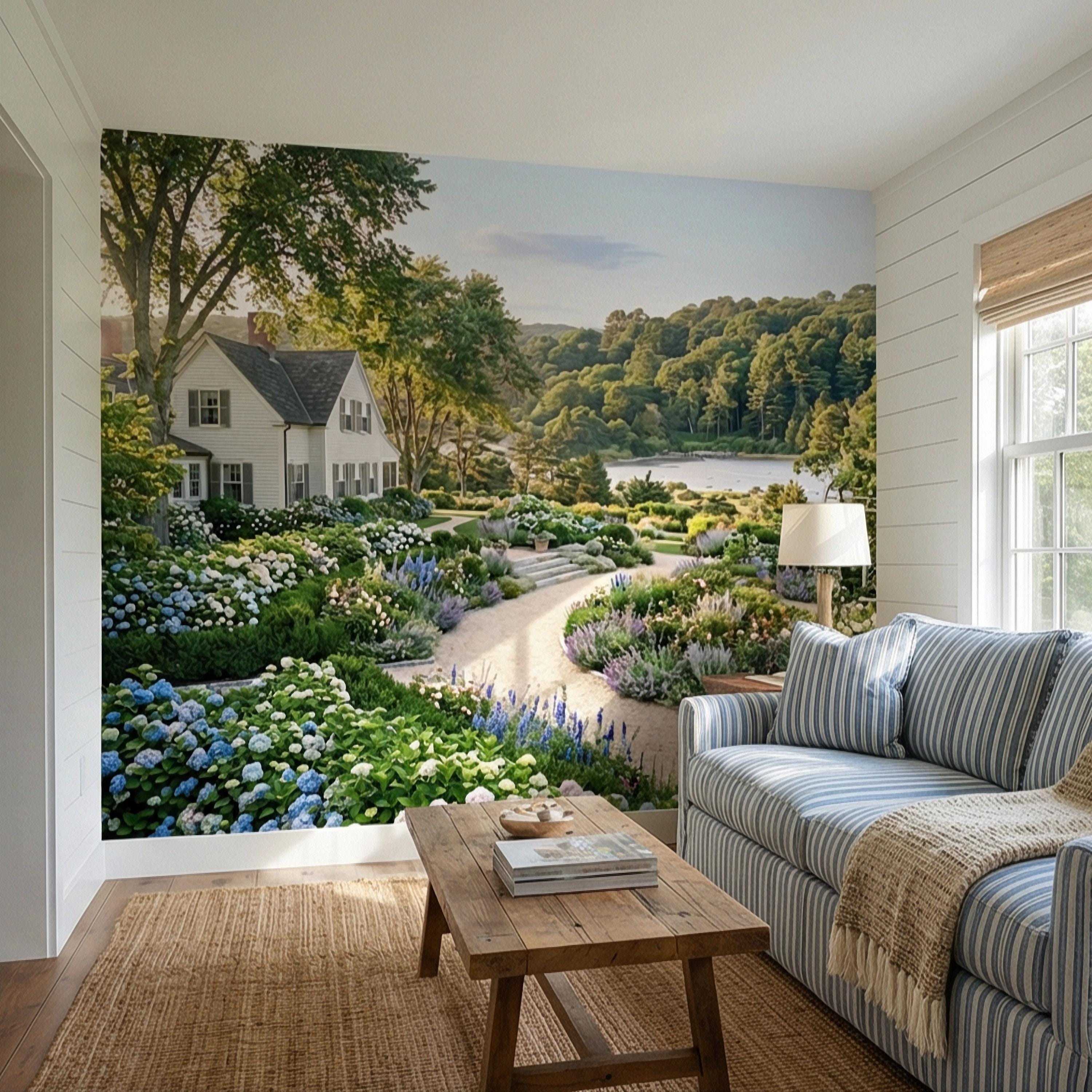 Hamptons Hydrangea Garden Peel and Stick Wall Mural, New England Coastal Estate Landscape Wallpaper