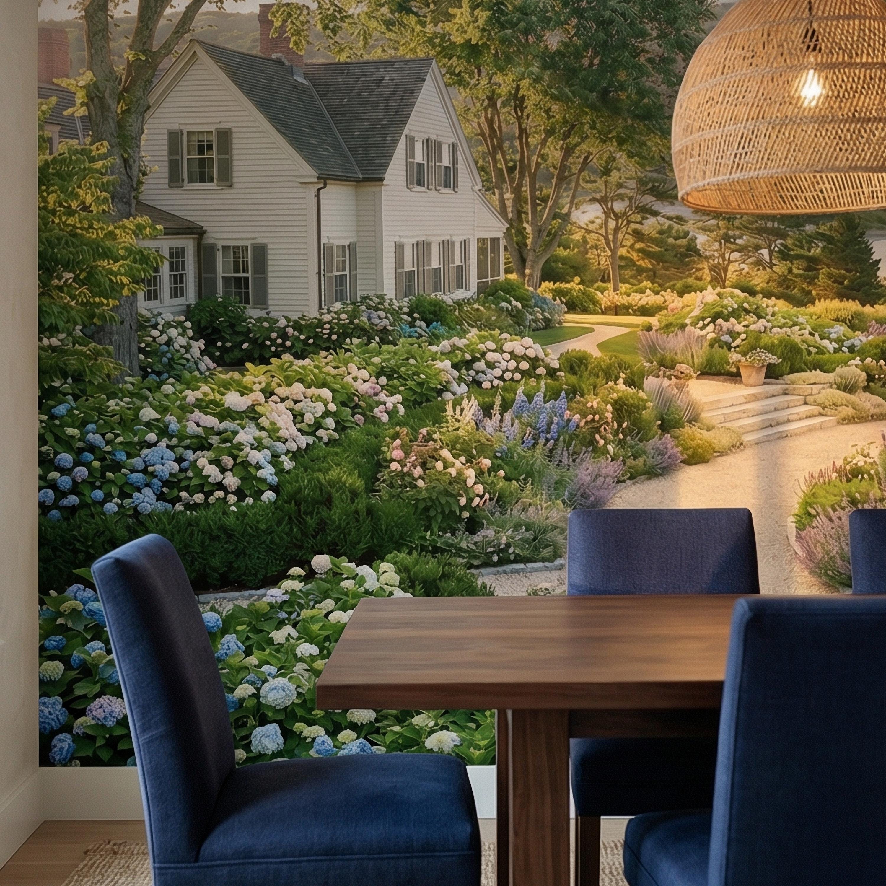 Hamptons Hydrangea Garden Peel and Stick Wall Mural, New England Coastal Estate Landscape Wallpaper